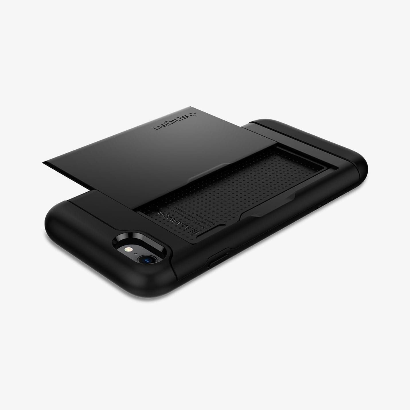 042CS20455 - iPhone 8 Series Slim Armor CS Case in Black showing the back with card slider out, flat