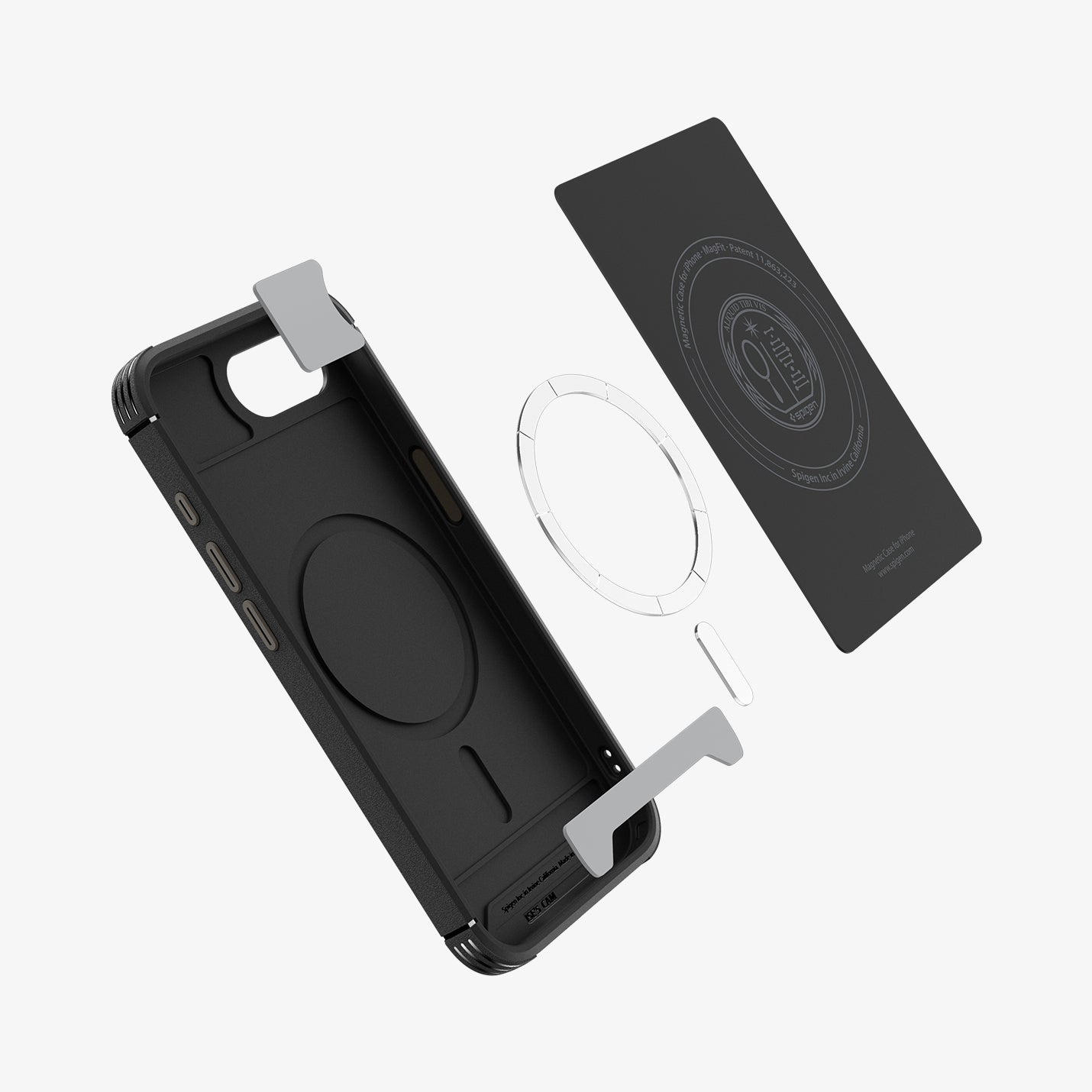 ACS09126 - iPhone 17e Case Core Armor (MagFit) in Matte Black showing the inner layer detached, hovering above the metal ring, bumpers and the case