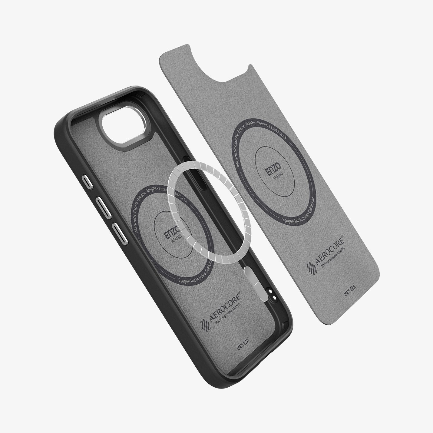 ACS09153 - iPhone 17e Case Enzo Aramid in Matte Black showing the inner layer hovering above the metal ring and the case