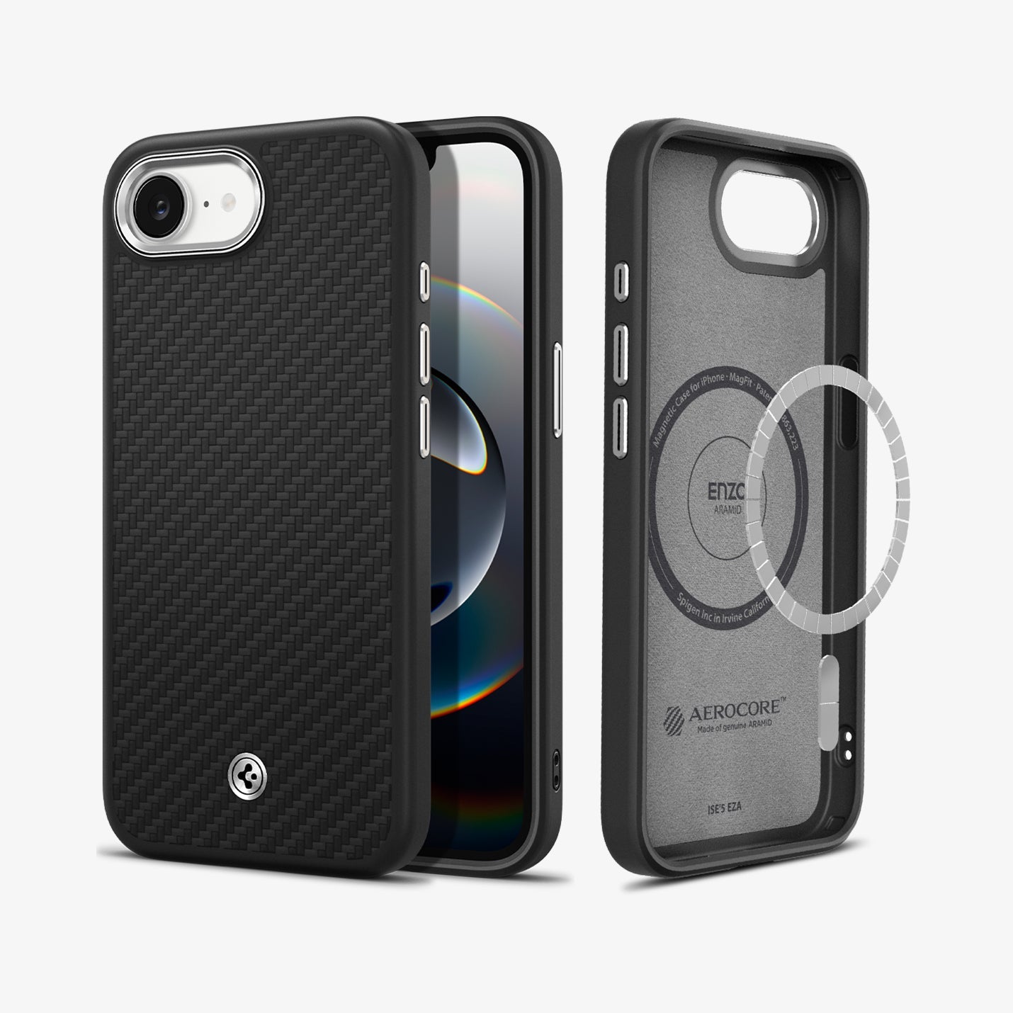 ACS09153 - iPhone 17e Case Enzo Aramid in Matte Black showing the partial front, partial back and sides, with showing inner of phone case