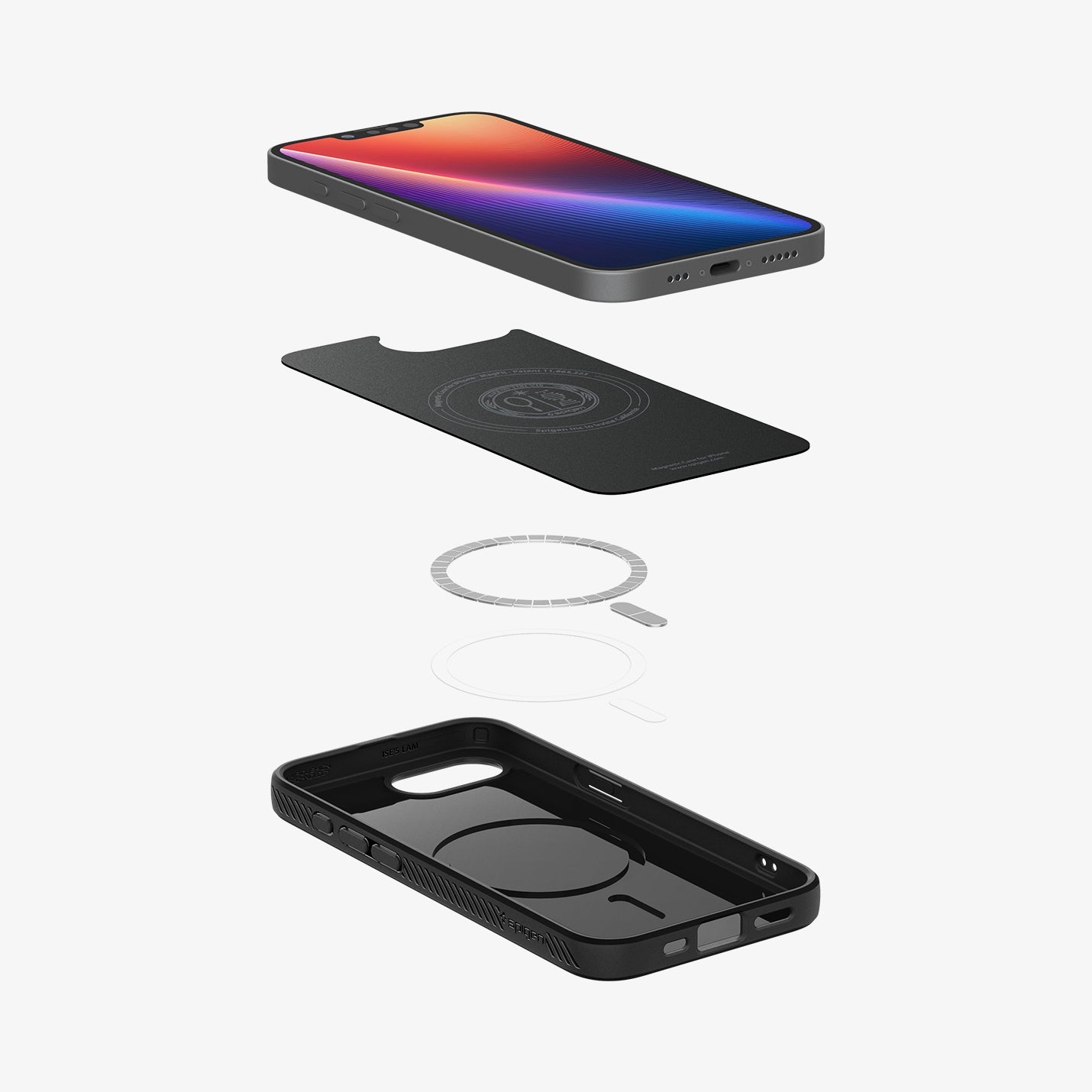 ACS09151 - iPhone 17e Case Liquid Air (MagFit) in Matte Black showing the device hovering above the detached inner layer, metal ring and the case