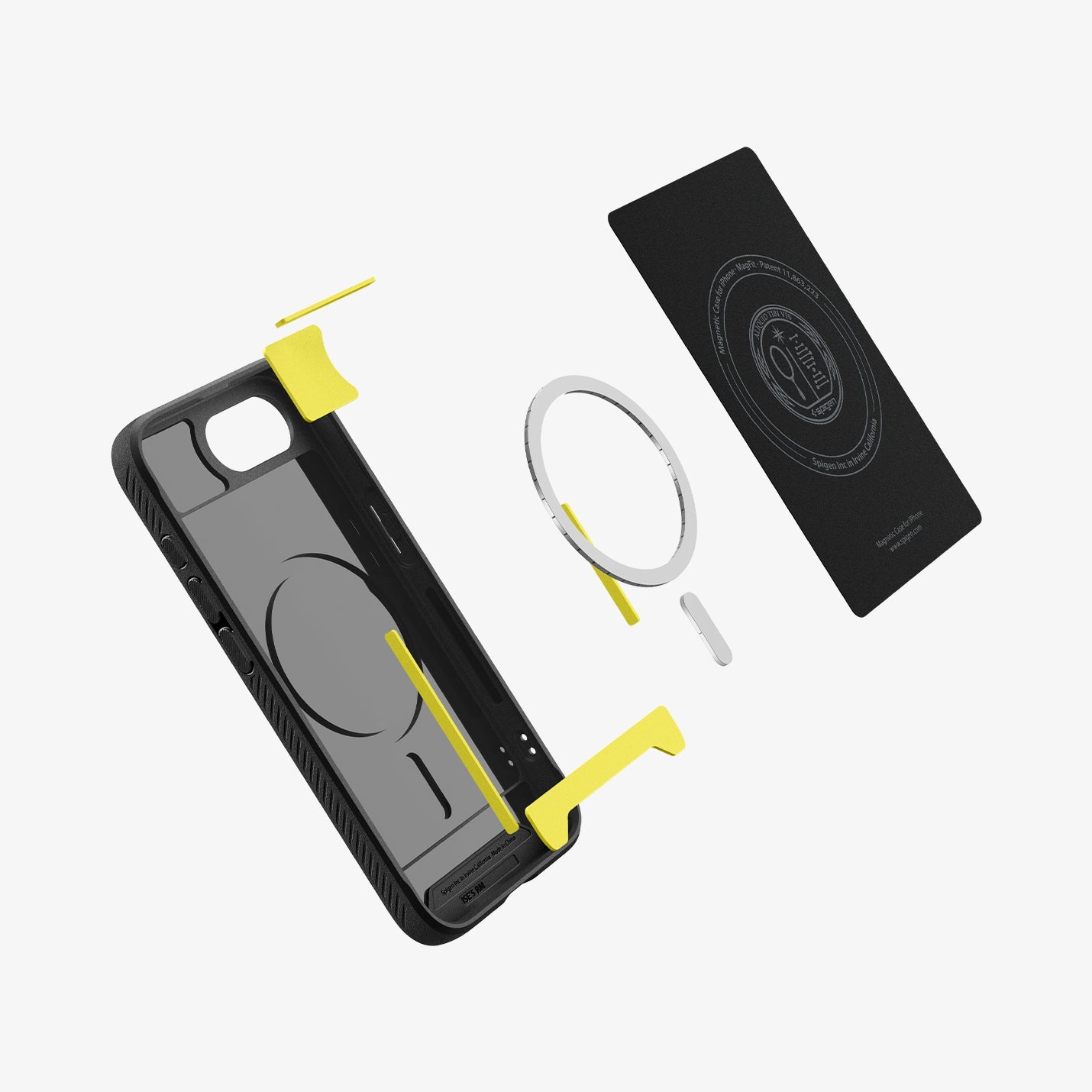 ACS09152 - iPhone 17e Case Rugged Armor (MagFit) in Matte Black showing the inner, hovering above the detached metal ring, pumpers and the case