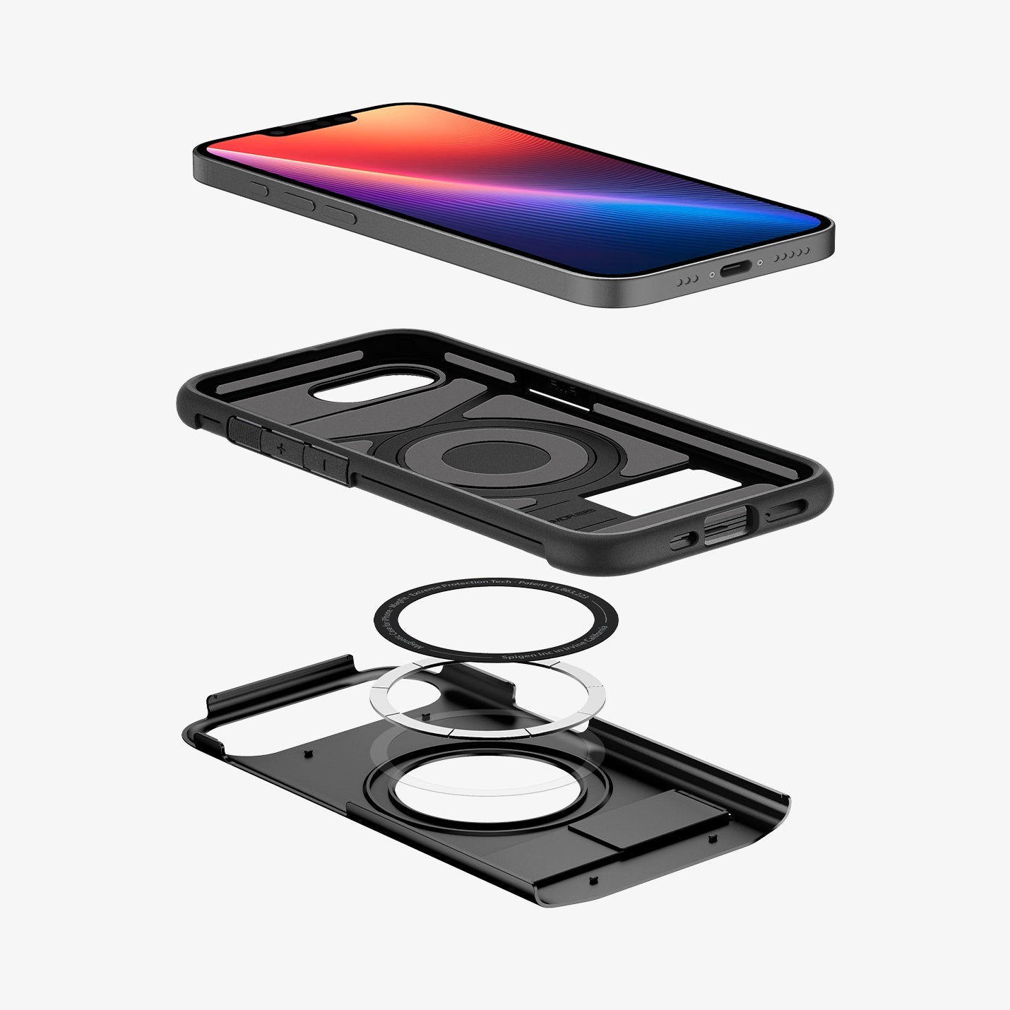 ACS09129 - iPhone 17e Case Slim Armor (MagFit) in Black showing the device hovering above the first layer case, detached metal ring parts and back cover case