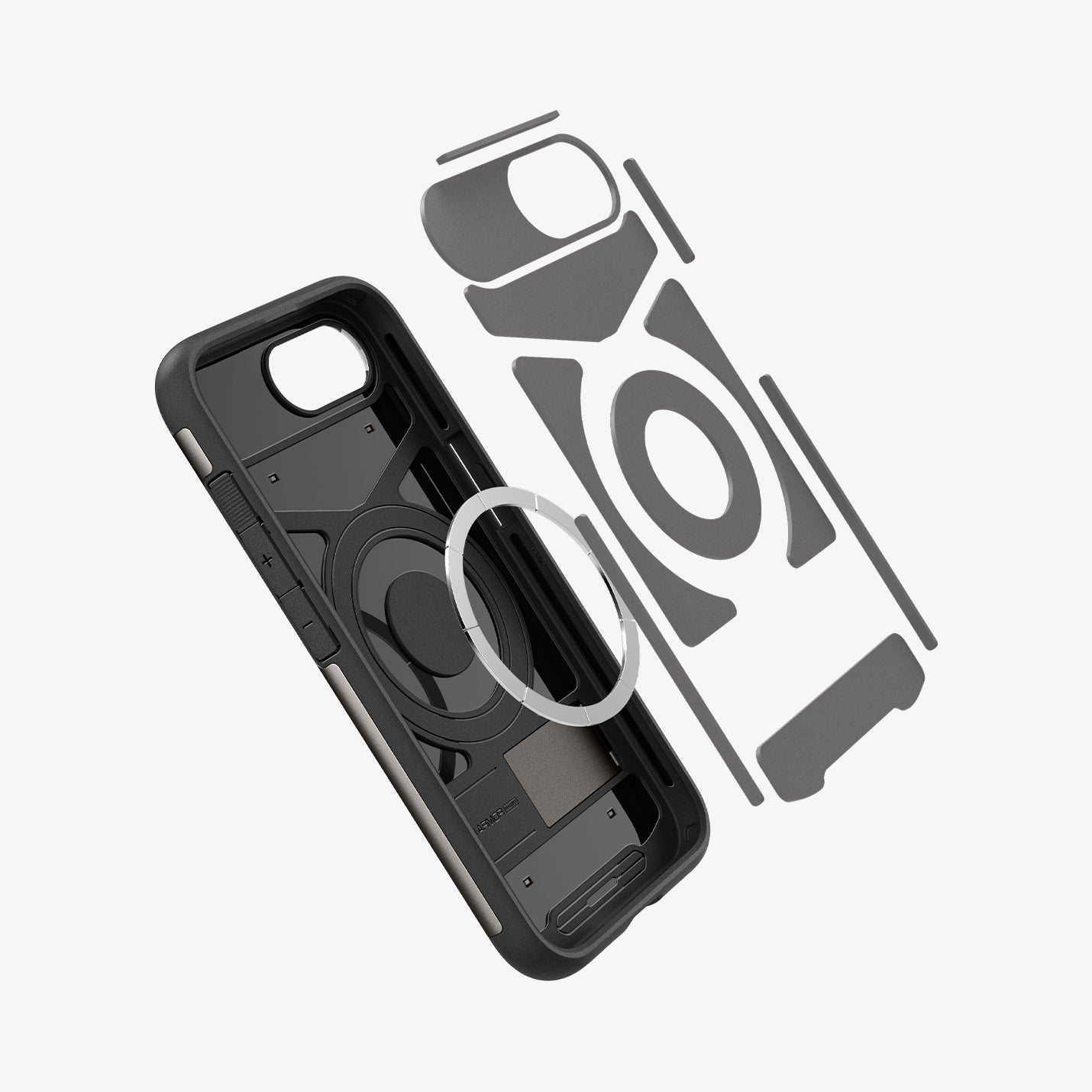 ACS09129 - iPhone 17e Case Slim Armor (MagFit) in Black showing the impact foam hovering above the metal ring and the case