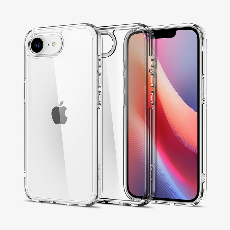 ACS09160 - iPhone 16e Case Ultra Hybrid in Crystal Clear showing the back, inner, front and partial sides