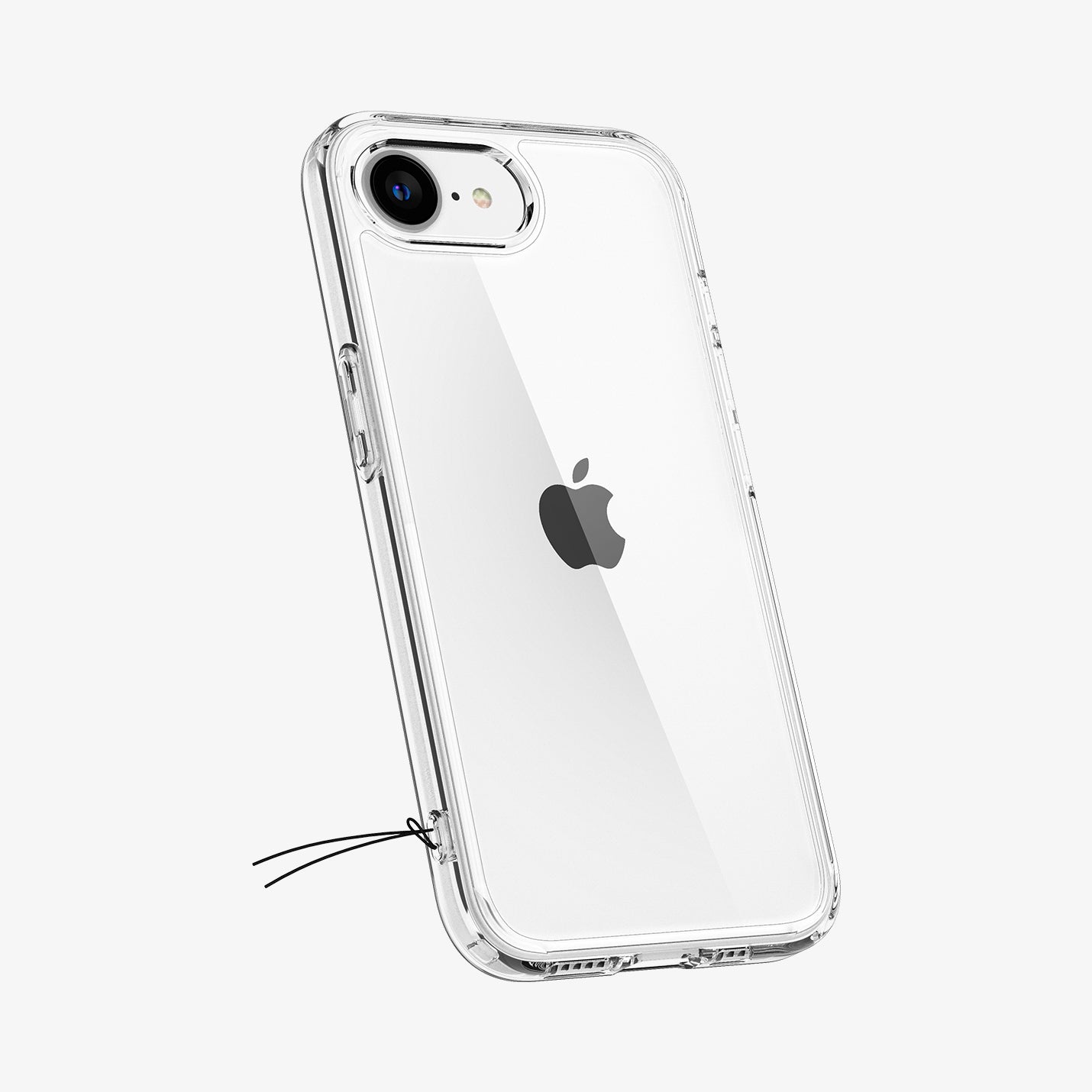 ACS09160 - iPhone 16e Case Ultra Hybrid in Crystal Clear showing the back and partial side with keyholder string attached