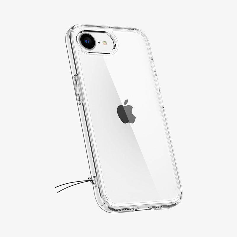 ACS09160 - iPhone 16e Case Ultra Hybrid in Crystal Clear showing the back and partial side with keyholder string attached