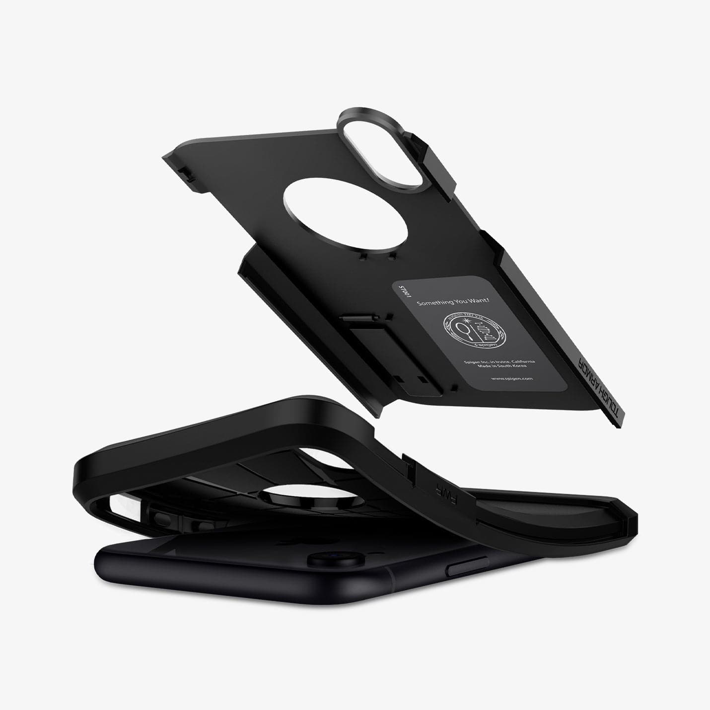 064CS24876 - iPhone XR Case Tough Armor in black showing the case bending away from device and hard pc hovering above