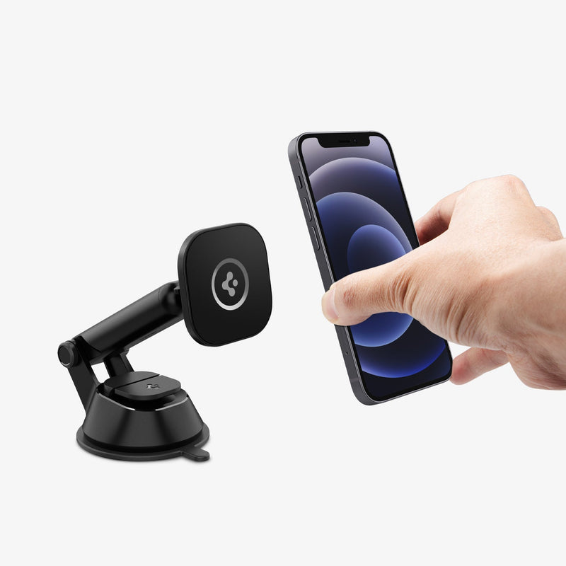 ACP02618 - OneTap Magnetic Car Mount Dashboard (MagFit) in black showing a hand placing a device on the car mount