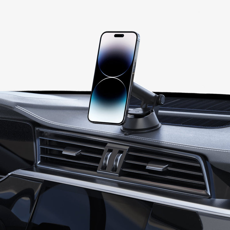 ACP02618 - OneTap Magnetic Car Mount Dashboard (MagFit) in black showing the mount on a dashboard inside of car with phone attached