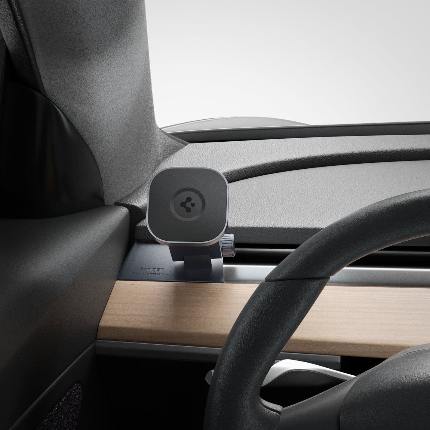 ACP04466 - Tesla OneTap Dashboard Car Mount (MagFit) in black showing the mount inserted on driver's side inside of vehicle