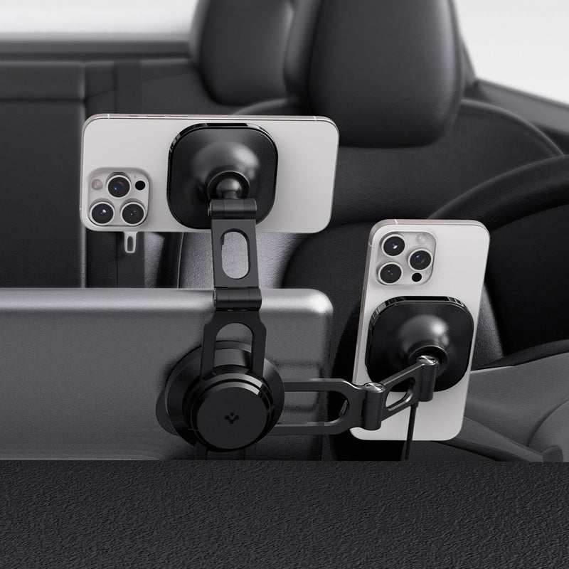 ACP06860 - Tesla Models - OneTap Pro Screen Car Mount ITT90W-3 (MagFit) in Black showing the back of 2 devices in horizontally and vertically viewing angle attached in one car mount at the same time