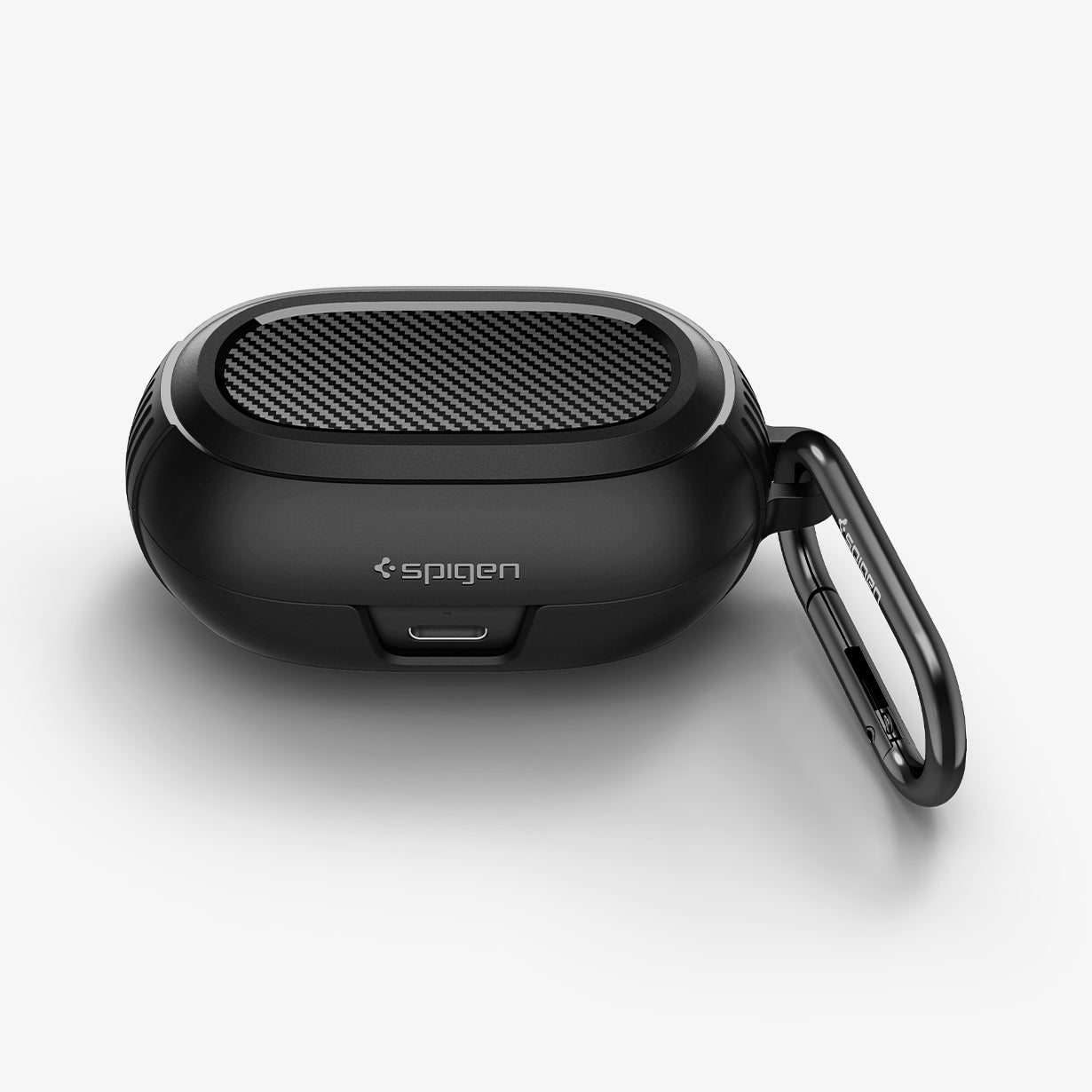 ACS04376 - Jabra Elite 7 Pro Case Rugged Armor in black showing the top and front with carabiner attached