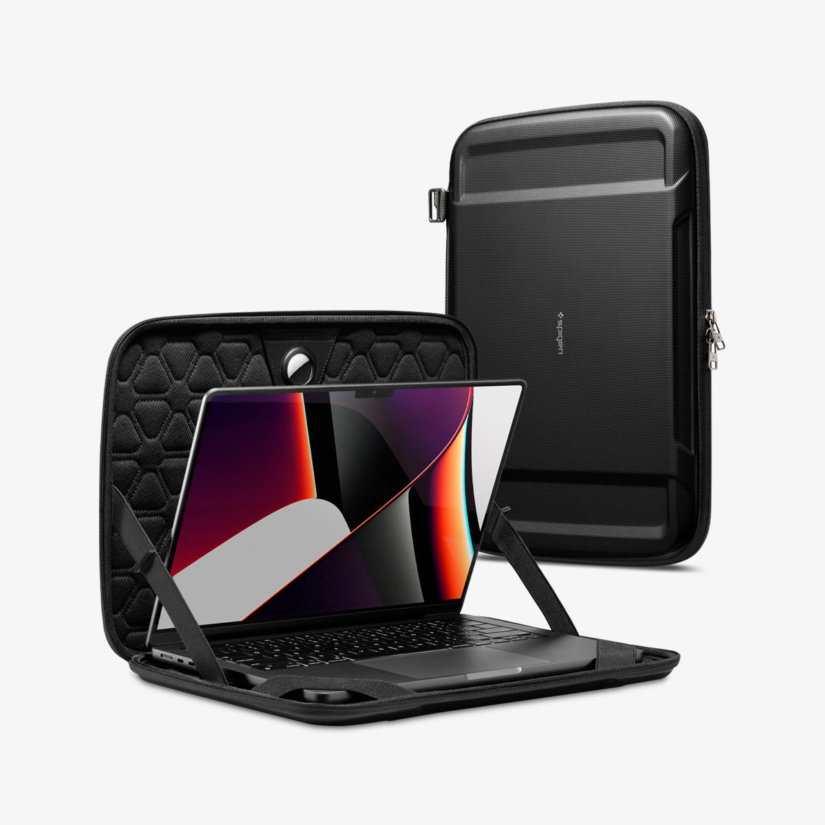 AFA04271 - MacBook Pro Series Rugged Armor Pro Pouch in black showing the front and pouch open with laptop inside