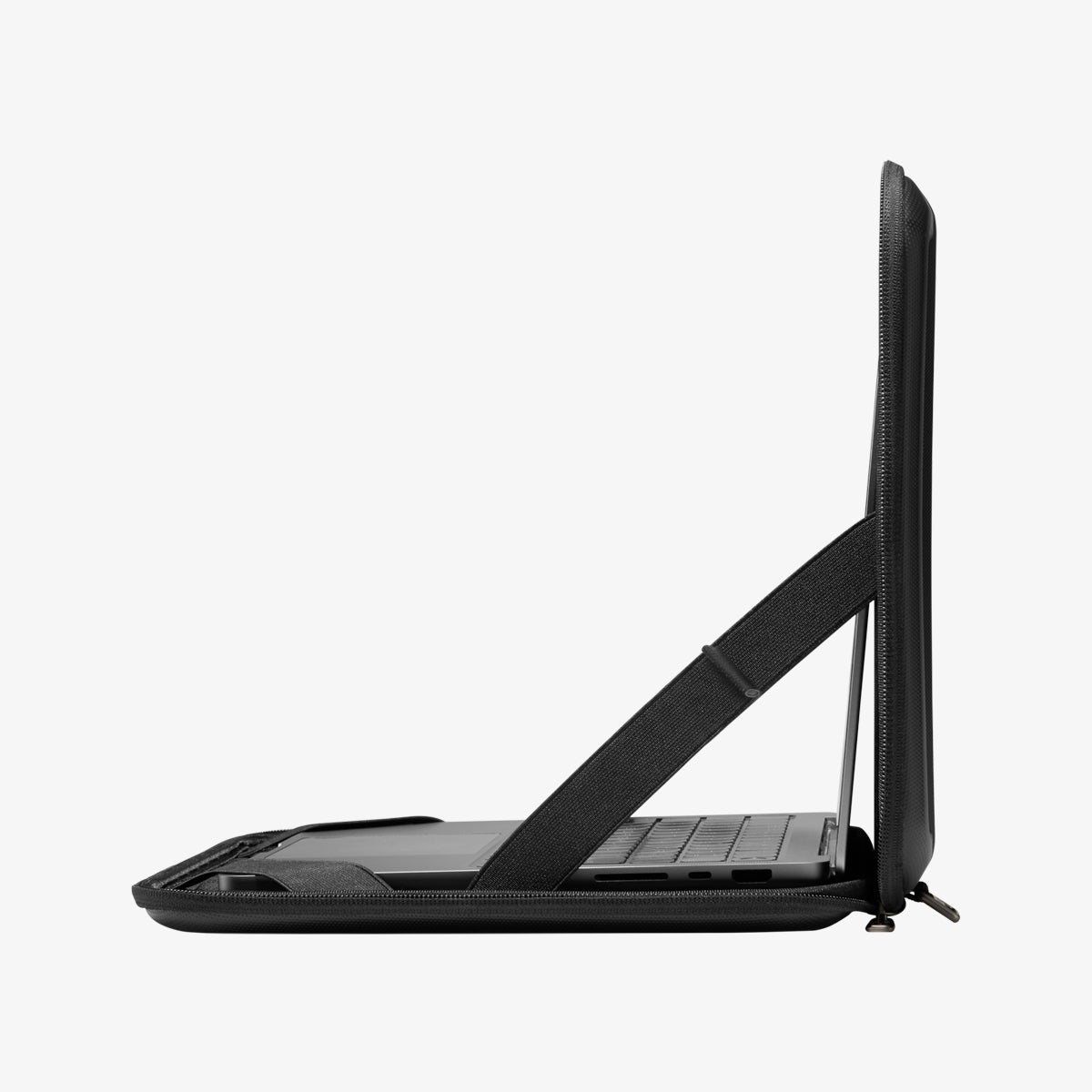 AFA04271 - MacBook Pro Series Rugged Armor Pro Pouch in black showing the side with pouch open and laptop inside