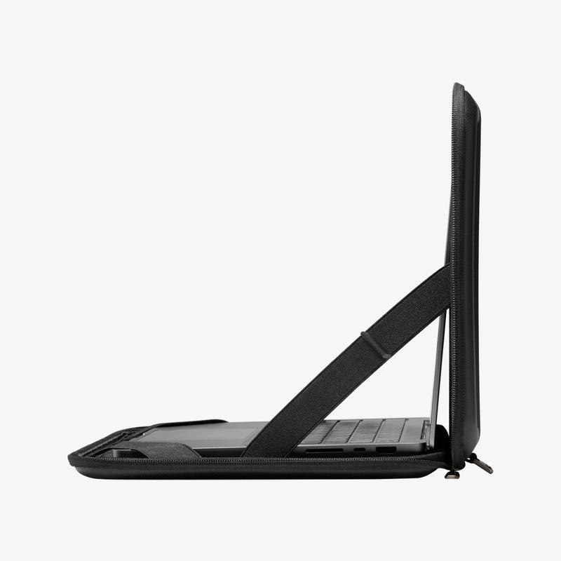 AFA04271 - MacBook Pro Series Rugged Armor Pro Pouch in black showing the side with pouch open and laptop inside
