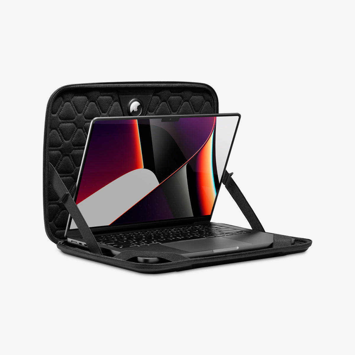 AFA04271 - MacBook Pro Series Rugged Armor Pro Pouch in black showing the pouch open with laptop inside