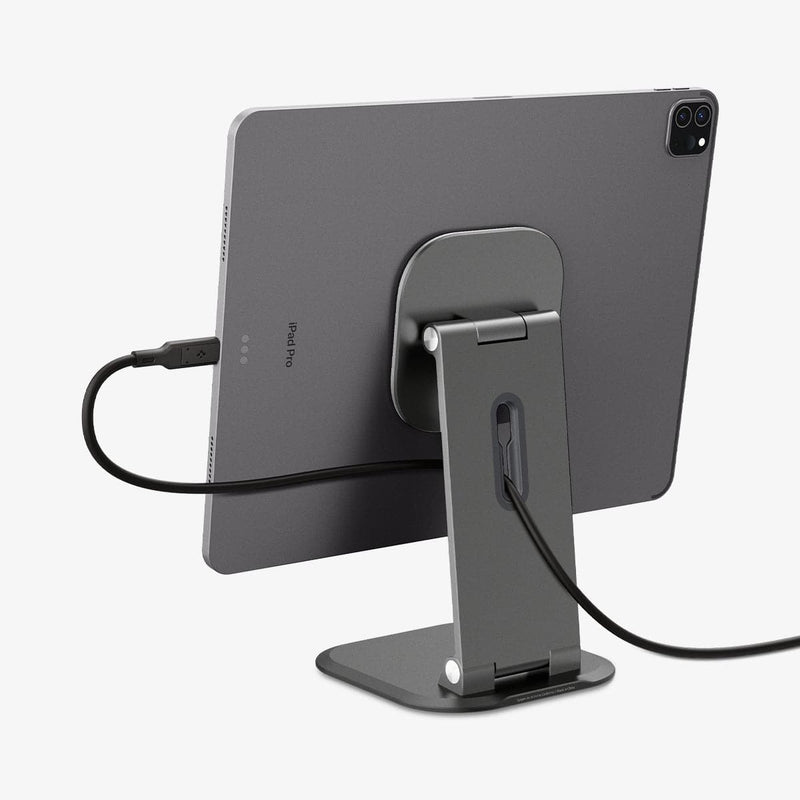 AMP06414 - OneTap Easel Magnetic Stand (MagFit) in black showing the back with ipad attached and charging cable inserted