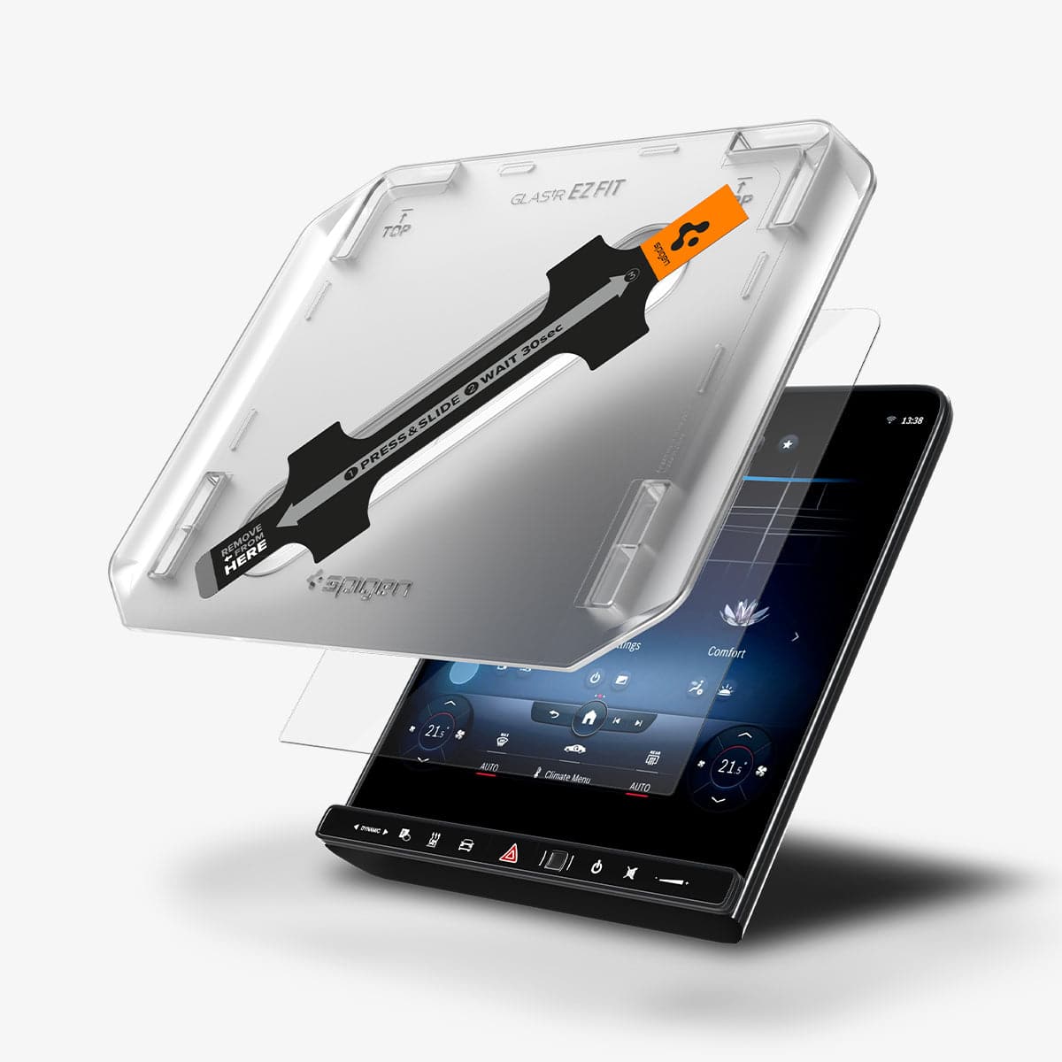 AGL04365 - Mercedes C-Class Screen Protector EZ FIT GLAS.tR showing the ez fit tray and screen protector hovering in front of touch screen display