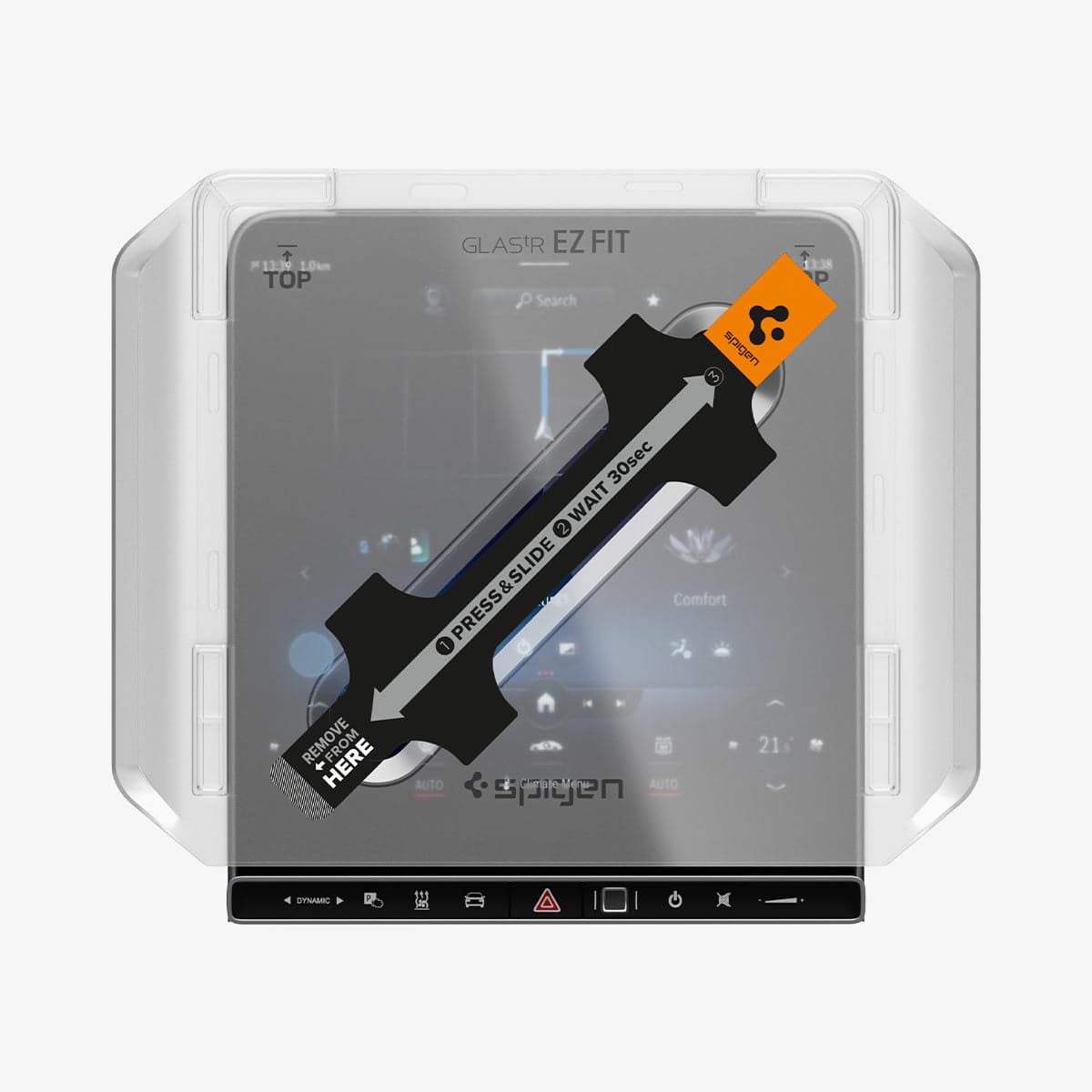 AGL04365 - Mercedes C-Class Screen Protector EZ FIT GLAS.tR showing the front with ez fit tray installed on display