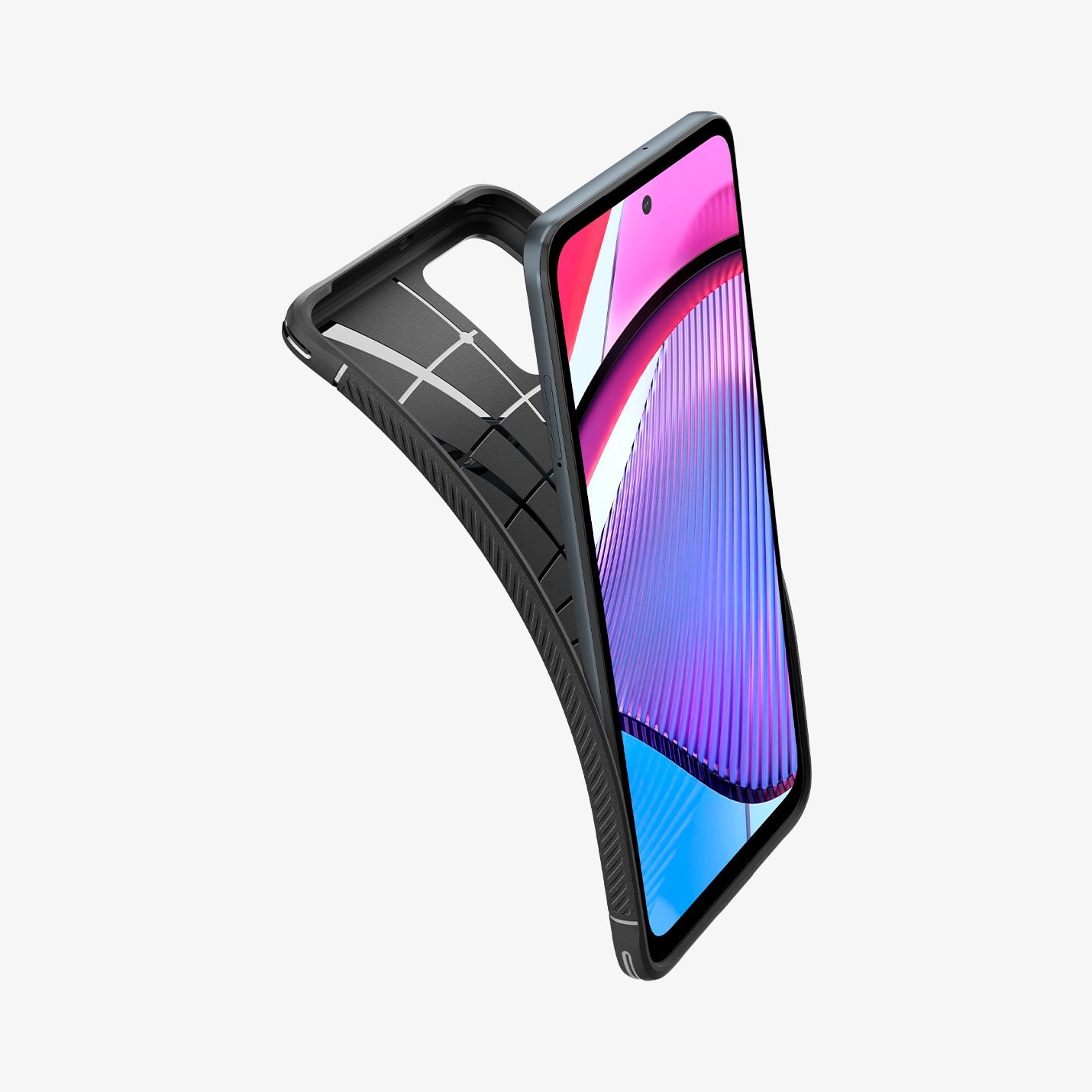 ACS06432 - Moto G Power Case Rugged Armor in black showing the front with case bending away from the device
