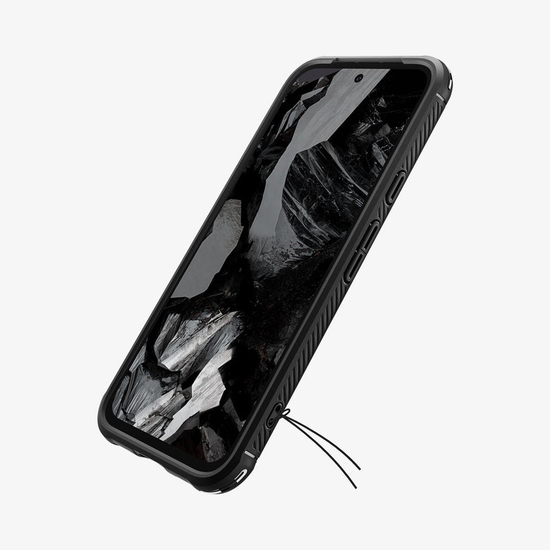 ACS07259 - Pixel 8a Case Rugged Armor in Matte Black showing the front, partial side with side buttons and chain holder with string attached