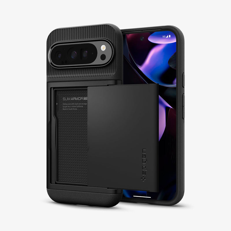 ACS07729 - Pixel 9 Pro XL Case Slim Armor CS in Black showing the back, card slider open, and behind it, a device showing partial front and sides