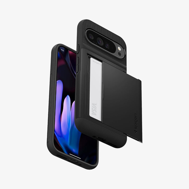 ACS07729 - Pixel 9 Pro XL Case Slim Armor CS in Black showing the back, with cards inside slider partially open, hovering in front of the device showing front, sides and bottom