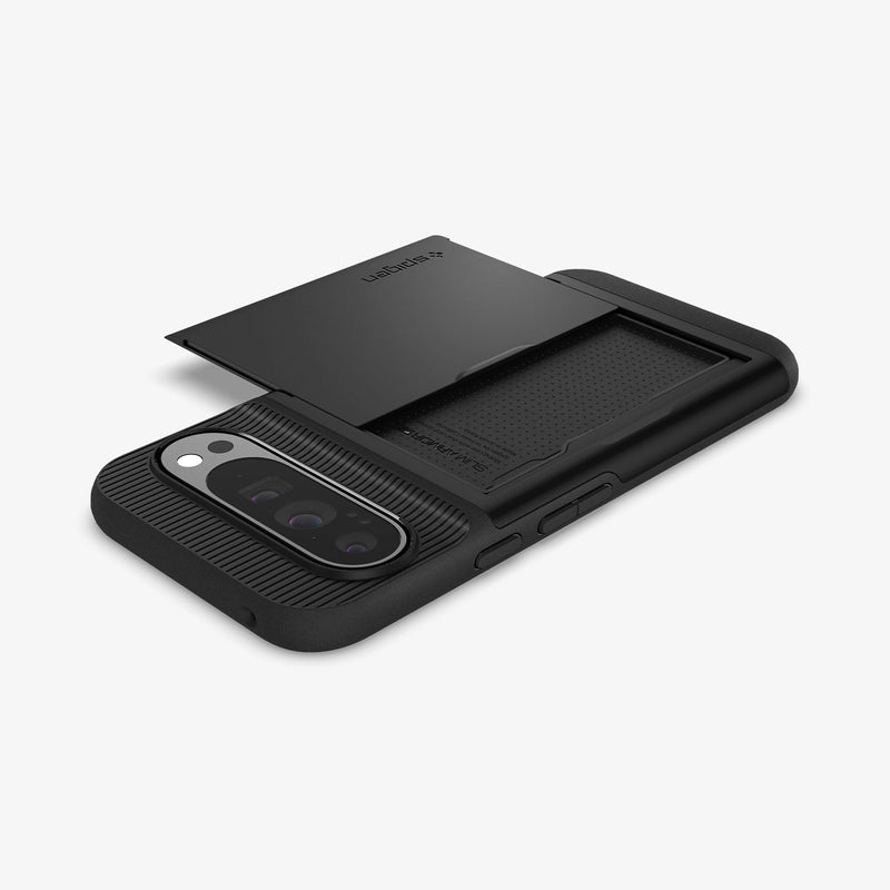 ACS07729 - Pixel 9 Pro XL Case Slim Armor CS in Black showing the back, card slider open on a flat surface