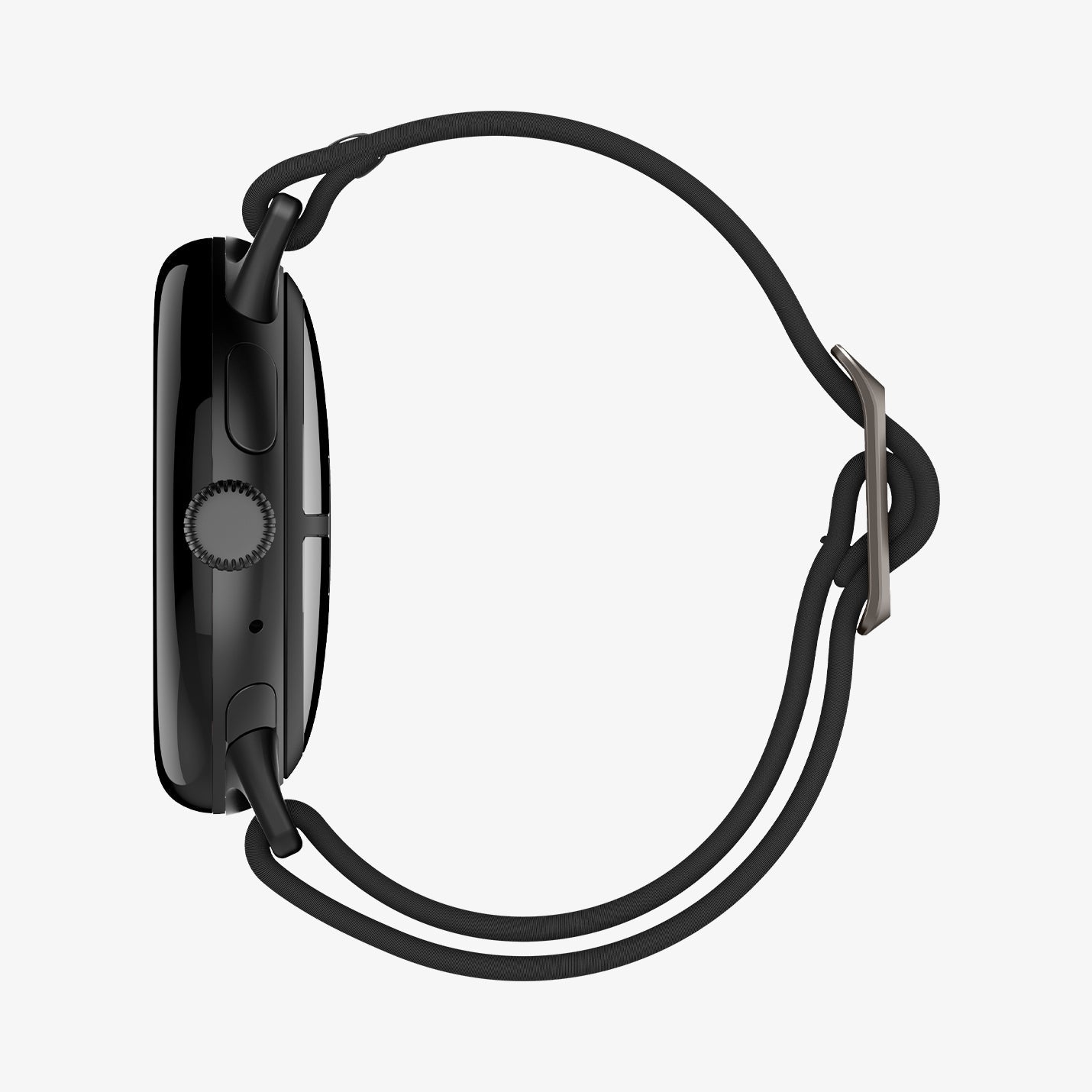 AMP07601 - Pixel Watch 5 (45mm) Lite Fit Black side profile emphasizing the lightweight design and low-profile fit on the wrist.