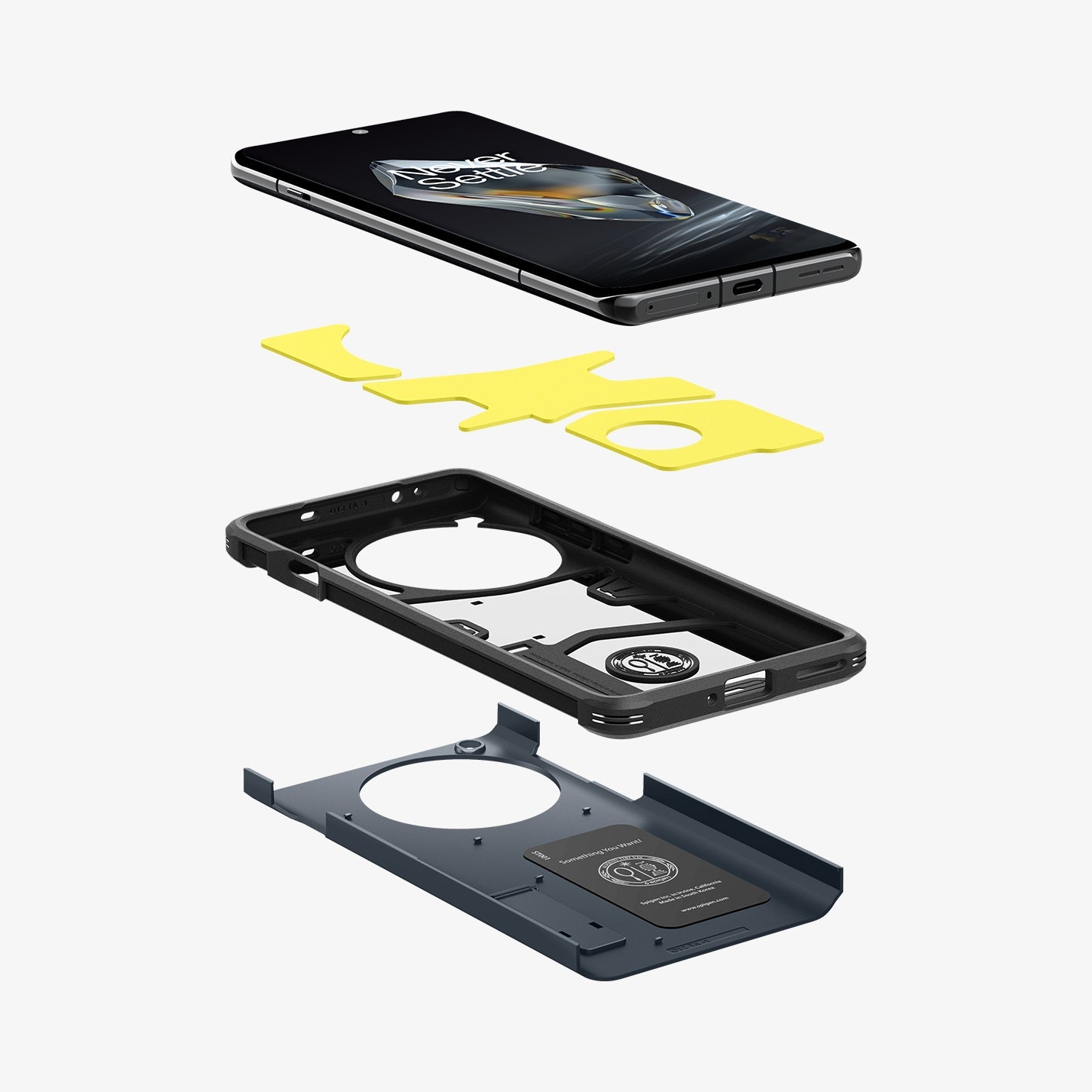 ACS07376 - OnePlus 12 Case Tough Armor in Black showing the front of a device hovering above an impact foam detached from a frame and hard back layer of back case