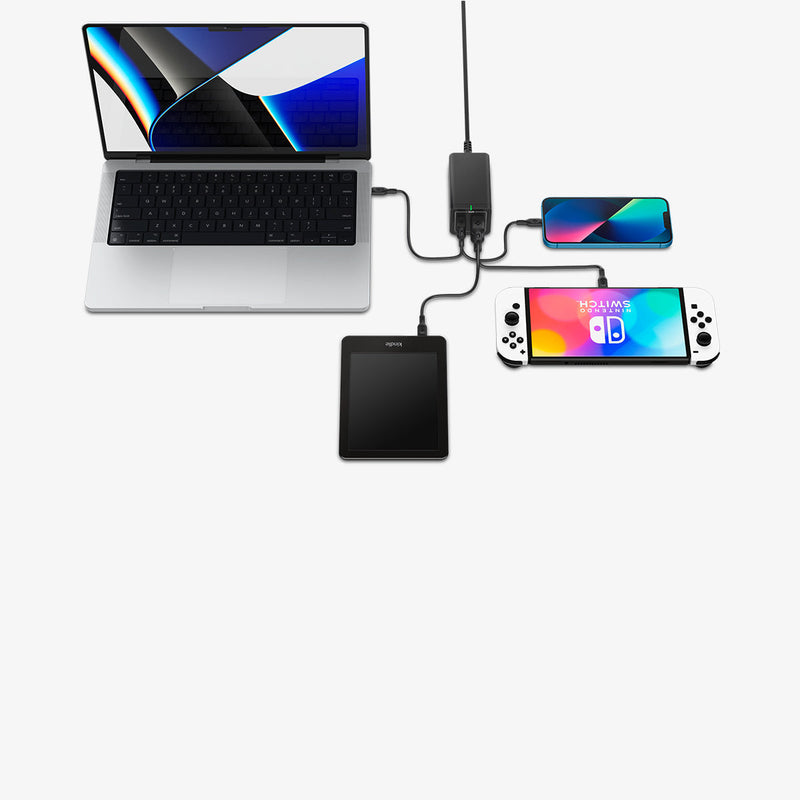 ACH03786 - Spigen ArcDock 120W Desktop Charger PD2100 in black showing the charger connected to a phone, tablet, nintendo switch and laptop at the same time charging