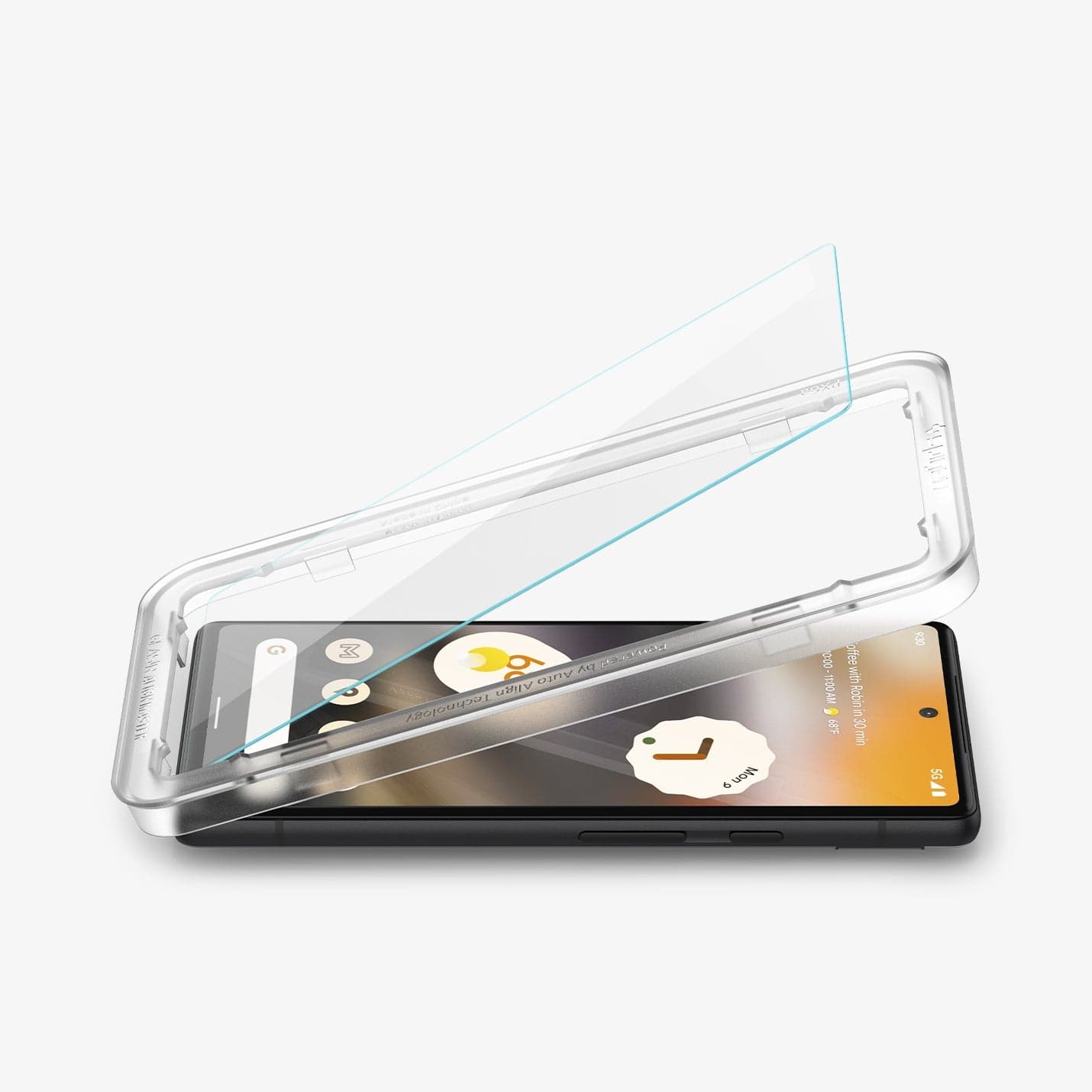 AGL04695 - Pixel 6a Screen Protector Alignmaster showing the screen protector and alignmaster tray being installed onto device