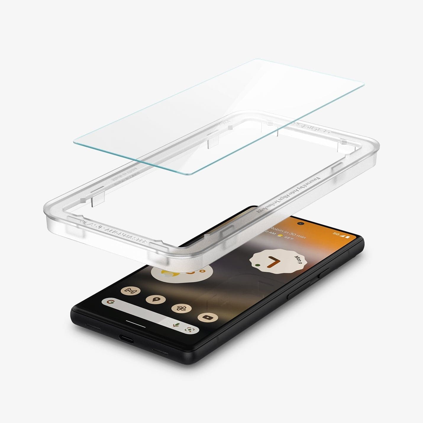AGL04695 - Pixel 6a Screen Protector Alignmaster showing the screen protector and alignmaster tray hovering above device