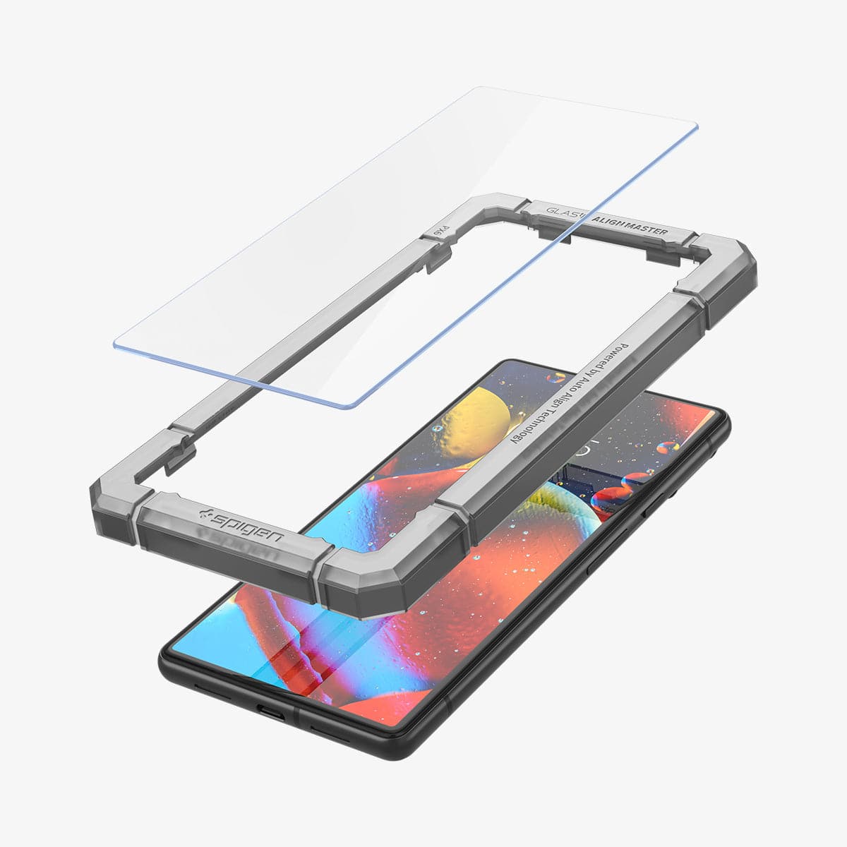 AGL04164 - Pixel 6 Screen Protector Alignmaster showing the screen protector and alignmaster tray hovering above the device