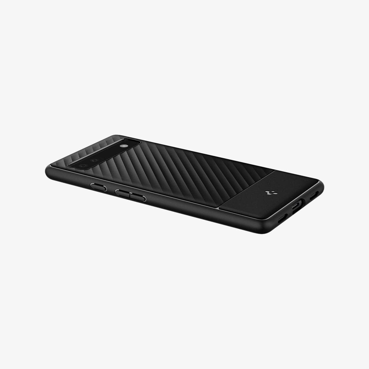 ACS04482 - Pixel 6a Case Core Armor in matte black showing the back, side and bottom with device laying flat