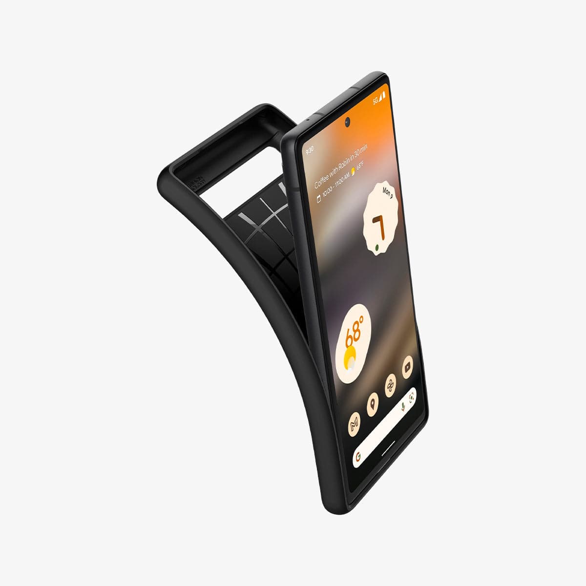 ACS04482 - Pixel 6a Case Core Armor in matte black showing the back bending away from device to show the flexibility