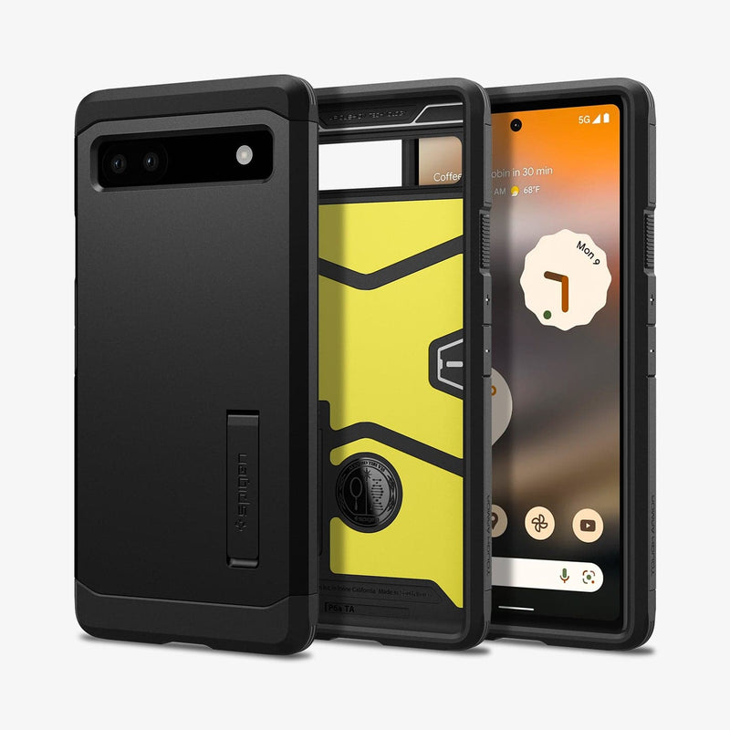 ACS04479 - Pixel 6a Case Tough Armor in black showing the back, inside and front