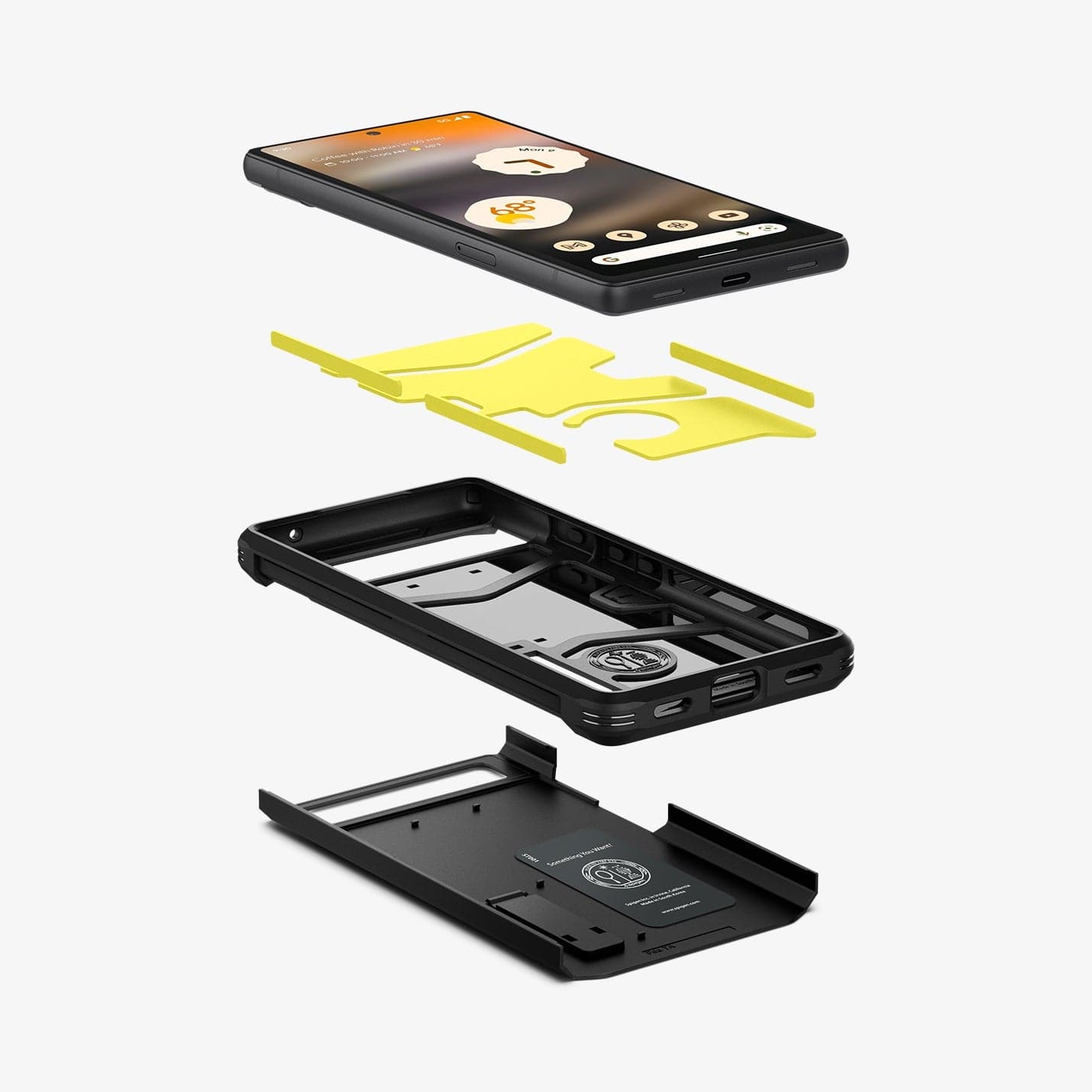 ACS04479 - Pixel 6a Case Tough Armor in black showing the hard pc, flexible tpu, impact foam and device