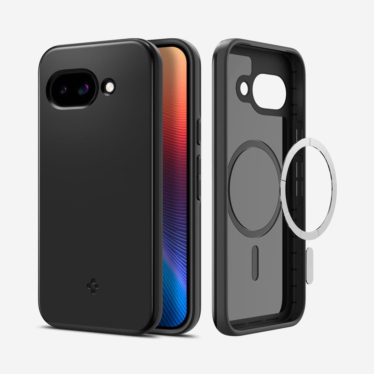ACS09037 - Pixel 9a Case Thin Fit (MagFit) in Black showing the back, inner with magring hovering in front of the case, partial front and sides