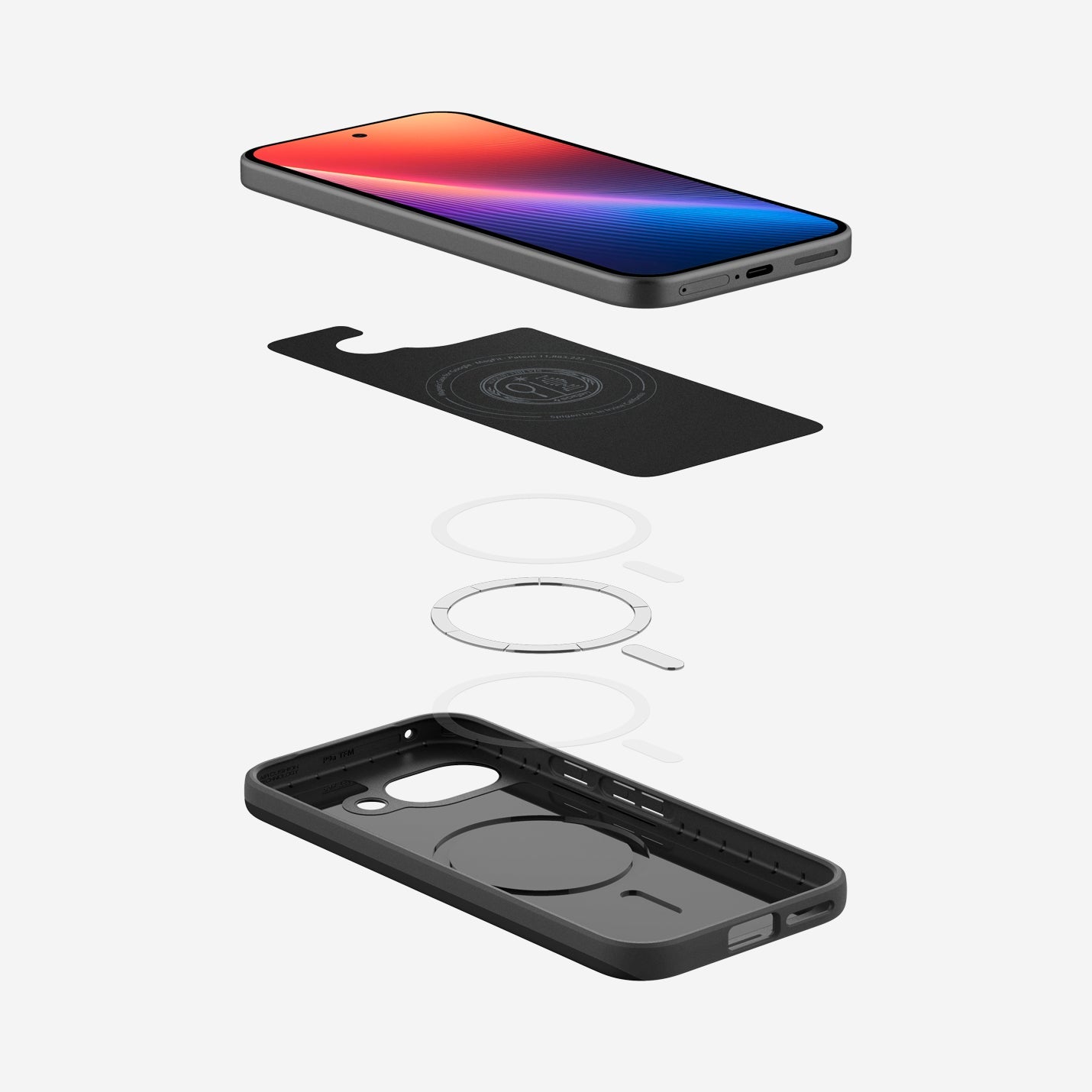 ACS09037 - Pixel 9a Case Thin Fit (MagFit) in Black showing the device hovering above the detached inner layer, magring parts and the case