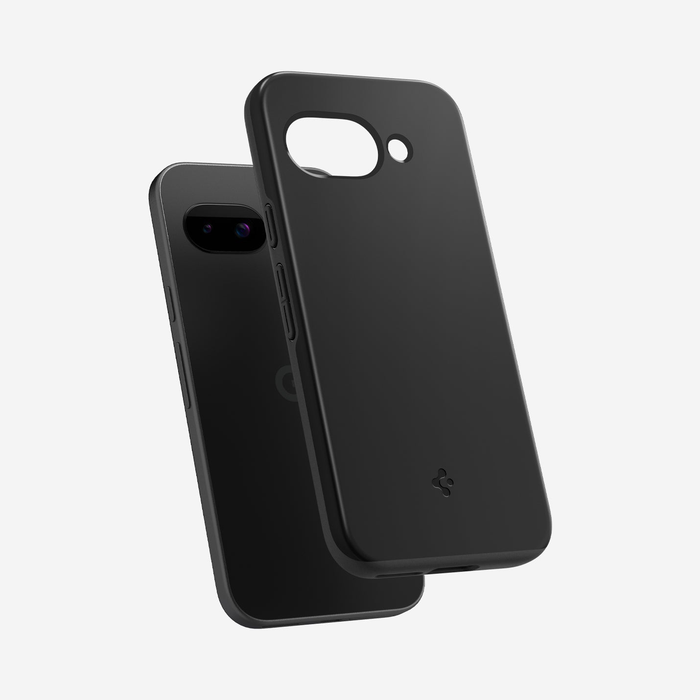 ACS09037 - Pixel 9a Case Thin Fit (MagFit) in Black showing the back, partial side and bottom hovering in front of the device
