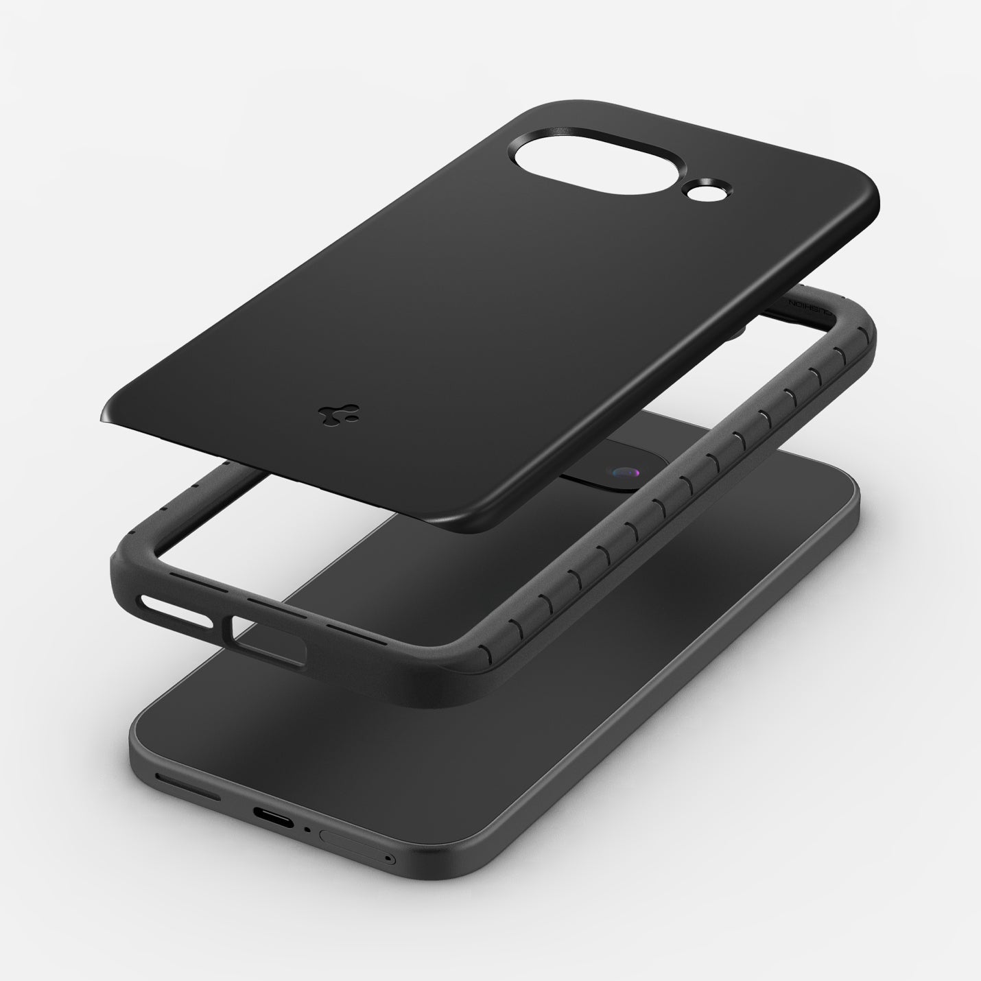 ACS09037 - Pixel 9a Case Thin Fit (MagFit) in Black showing the back layer hovering above the detached tpu frame and the device