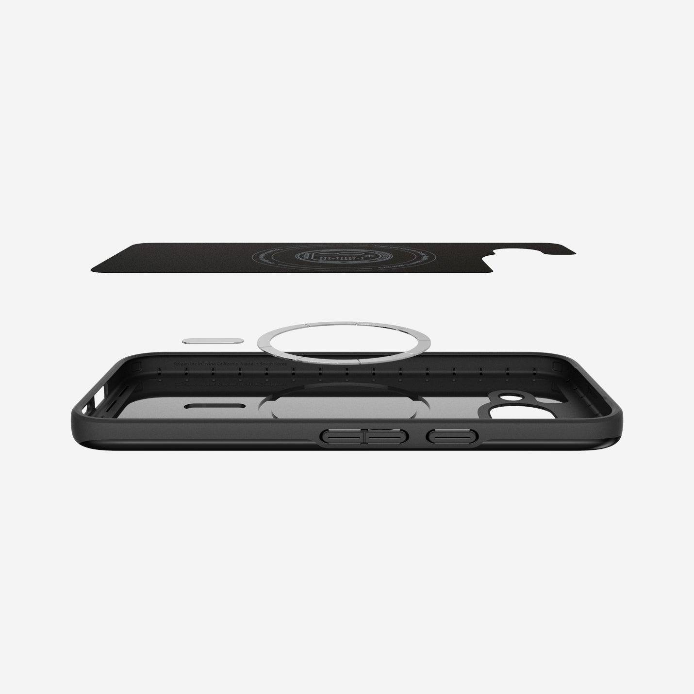 ACS09037 - Pixel 9a Case Thin Fit (MagFit) in Black showing the partial inner layer detached, while hovering above the detached magring and the case