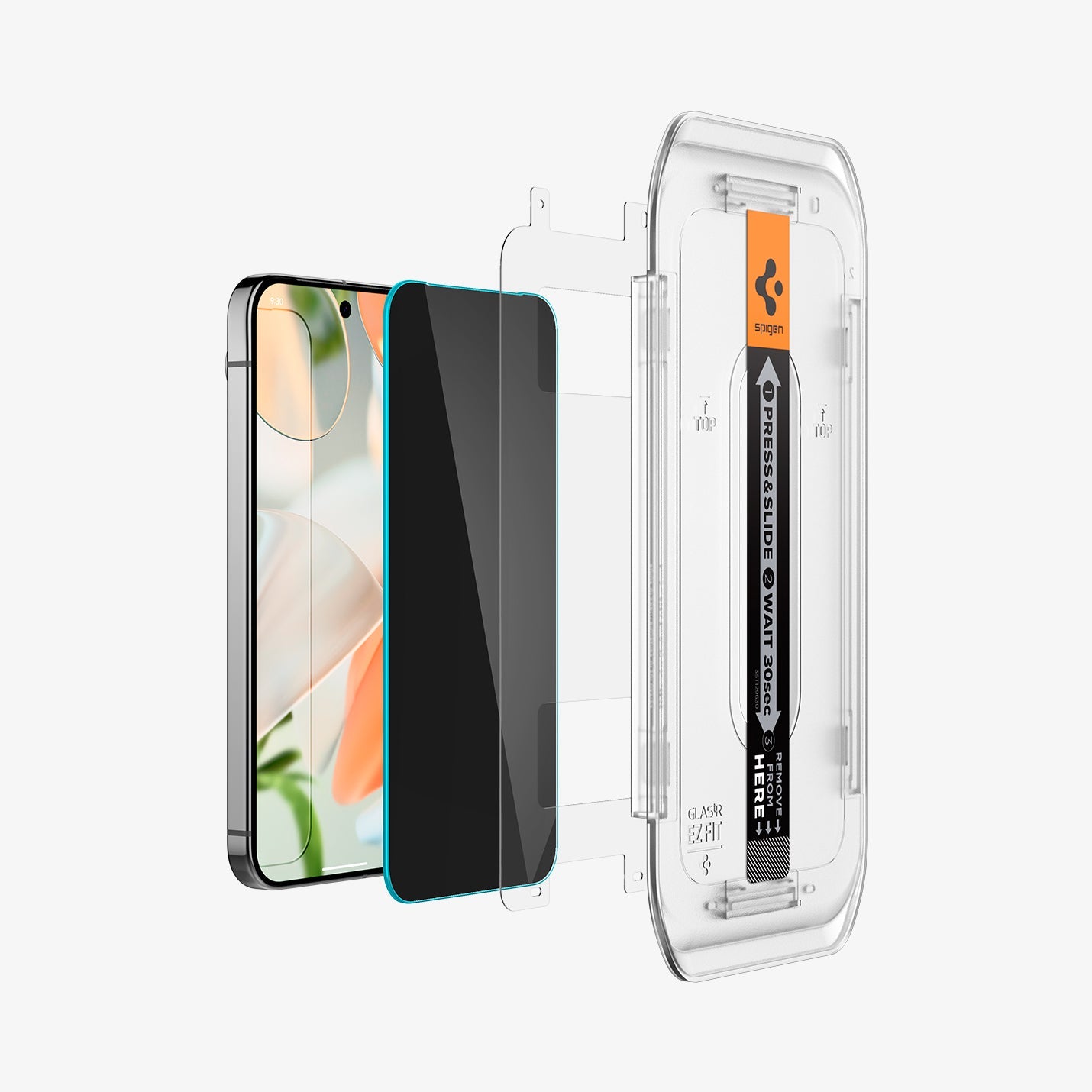 AGL09313 - GajPXL GLAS.tR EZ Fit Privacy Screen Protector showing the screen protector and ez fit tray hovering in front of the device