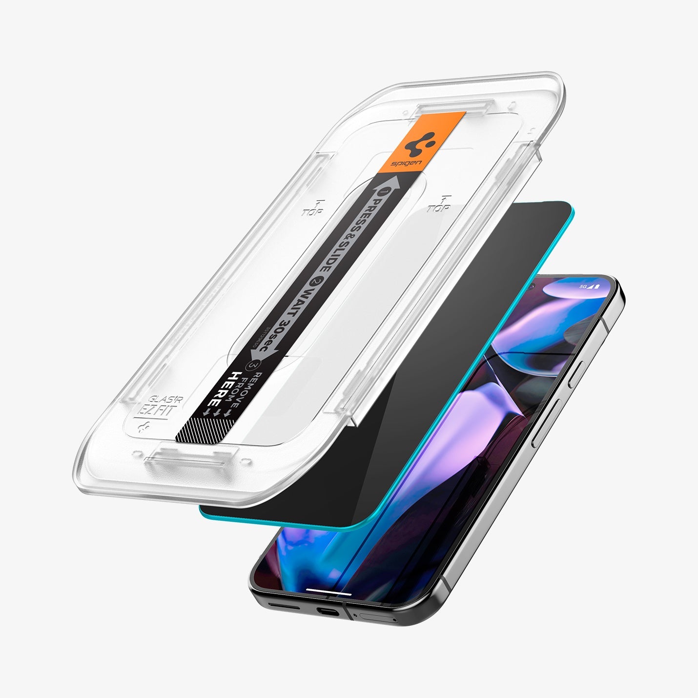 AGL09313 - GajPXL GLAS.tR EZ Fit Privacy Screen Protector showing the screen protector and ez fit tray hovering in front of the device