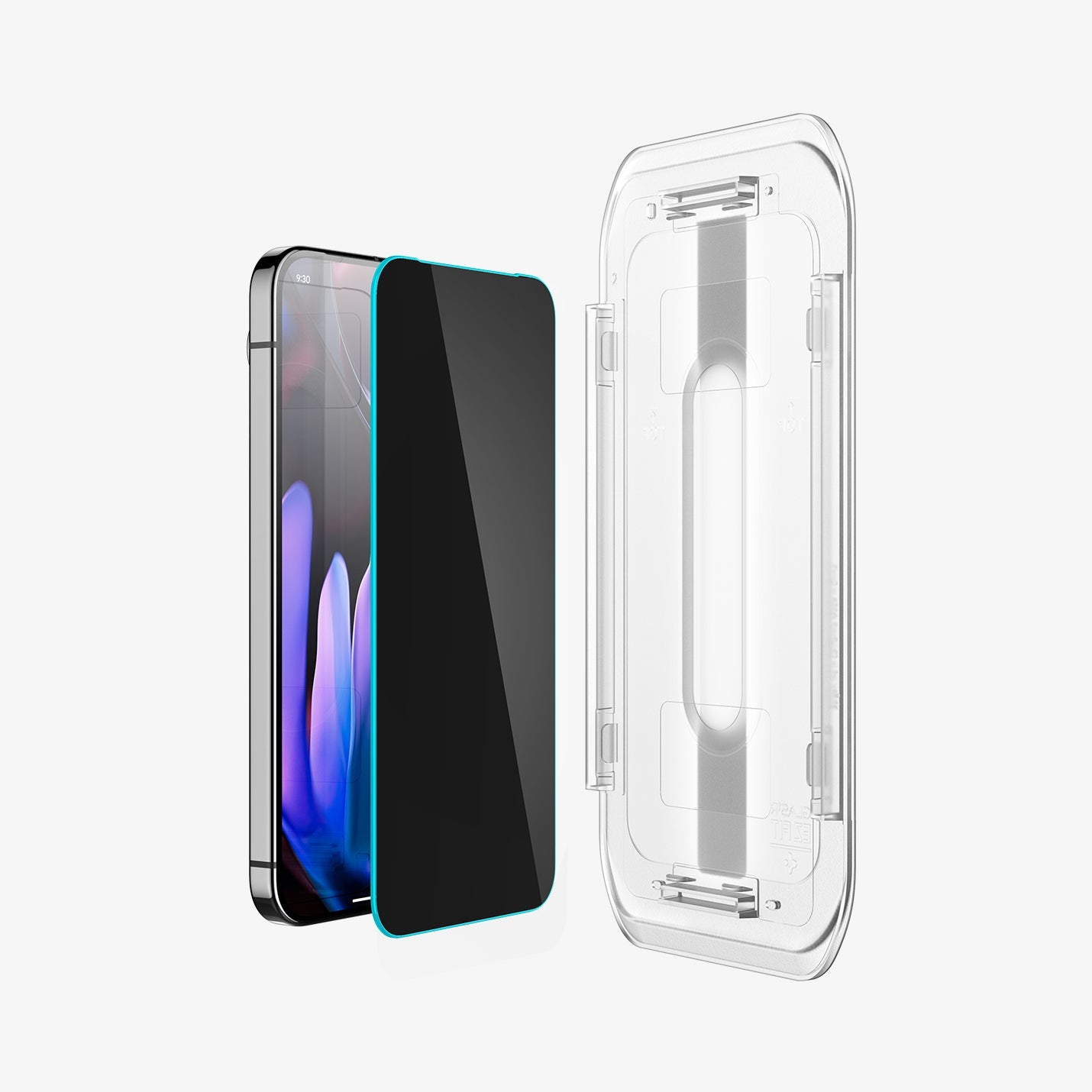 AGL09313 - GajPXL GLAS.tR EZ Fit Privacy Screen Protector showing the device, screen protector and ez fit tray