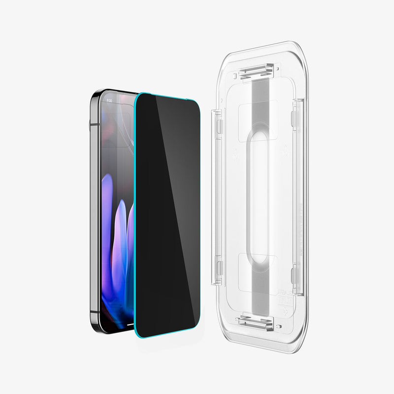 AGL09313 - GajPXL GLAS.tR EZ Fit Privacy Screen Protector showing the device, screen protector and ez fit tray