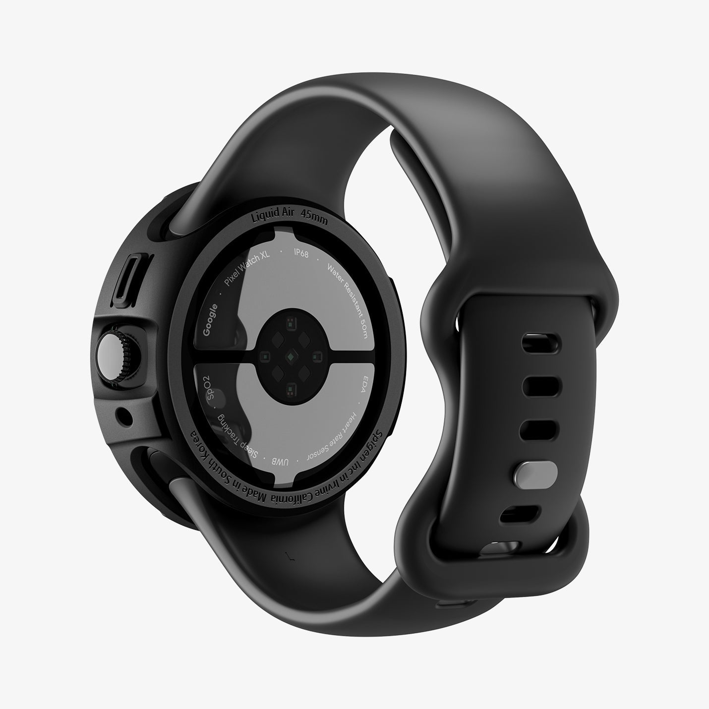 ACS11222 - Pixel Watch 5 (45mm) Liquid Air Matte Black showing the back and side