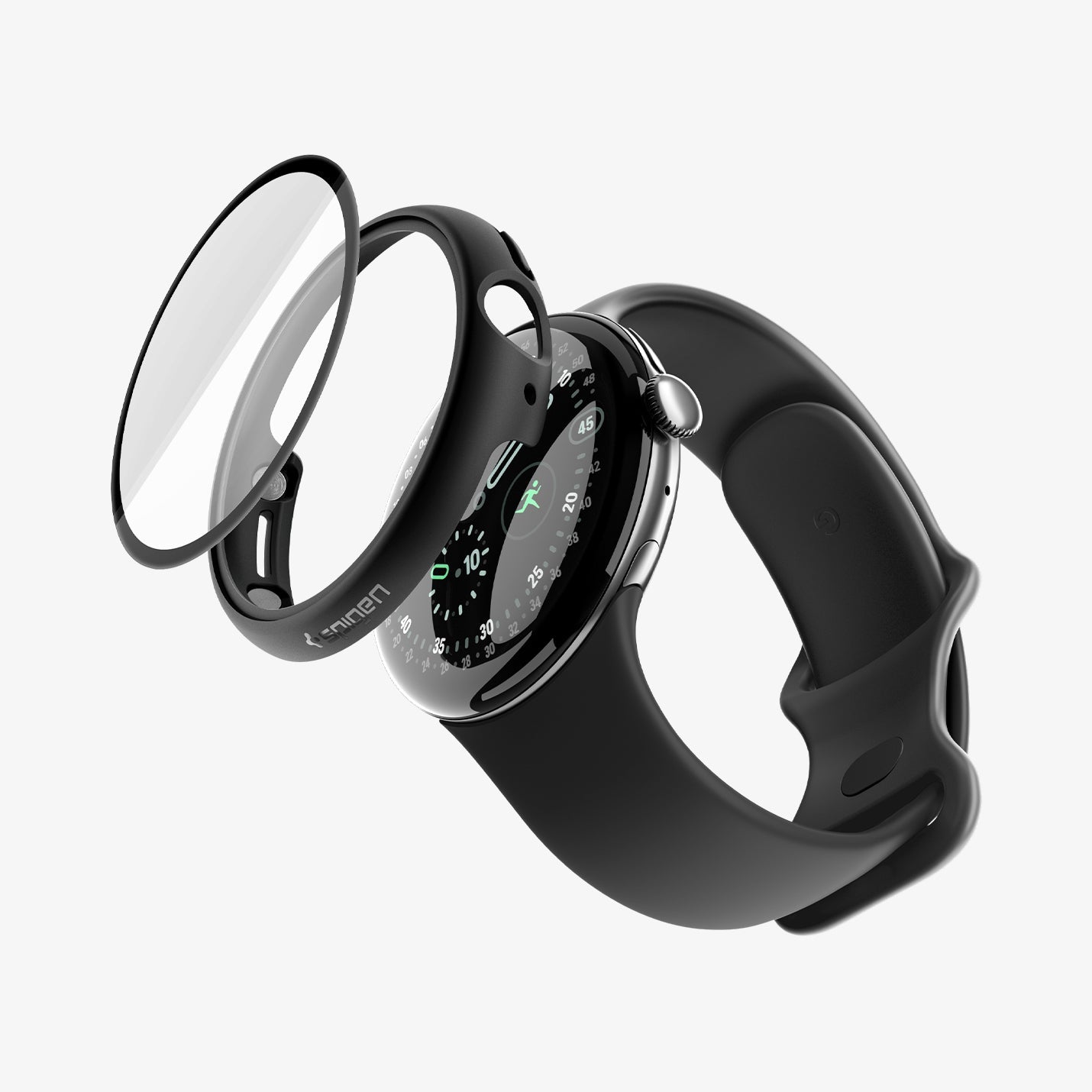 ACS11746 - Pixel Watch 5 (45mm) Thin Fit 360 Black exploded view displaying the integrated tempered glass and protective case construction.